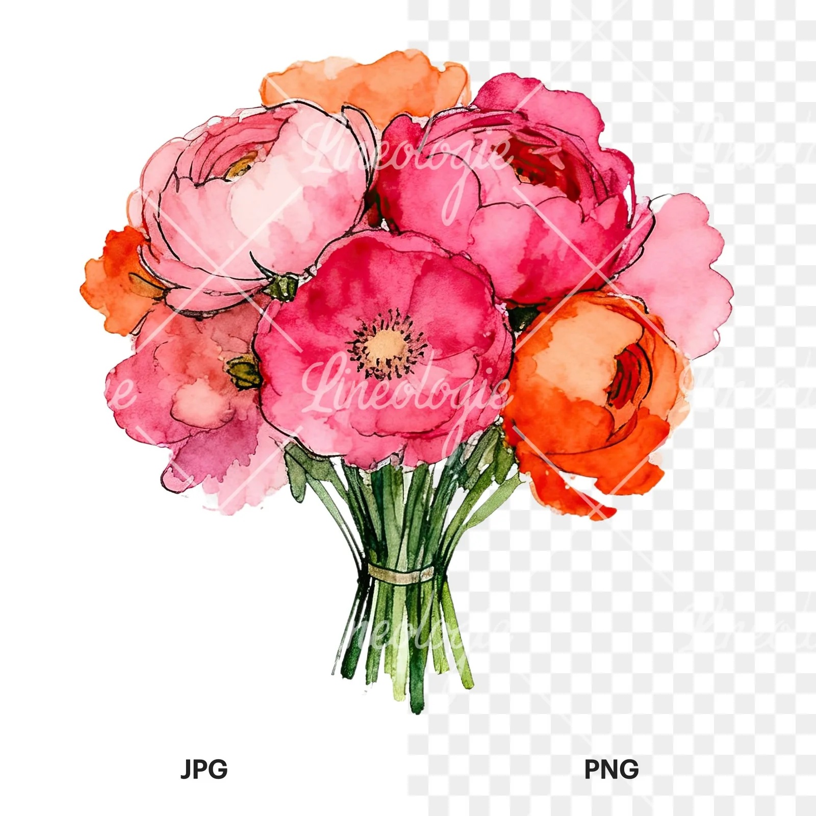 Watercolor hot pink and orange wedding bouquet clipart 7 of 12, as a JPG on white and a transparent PNG