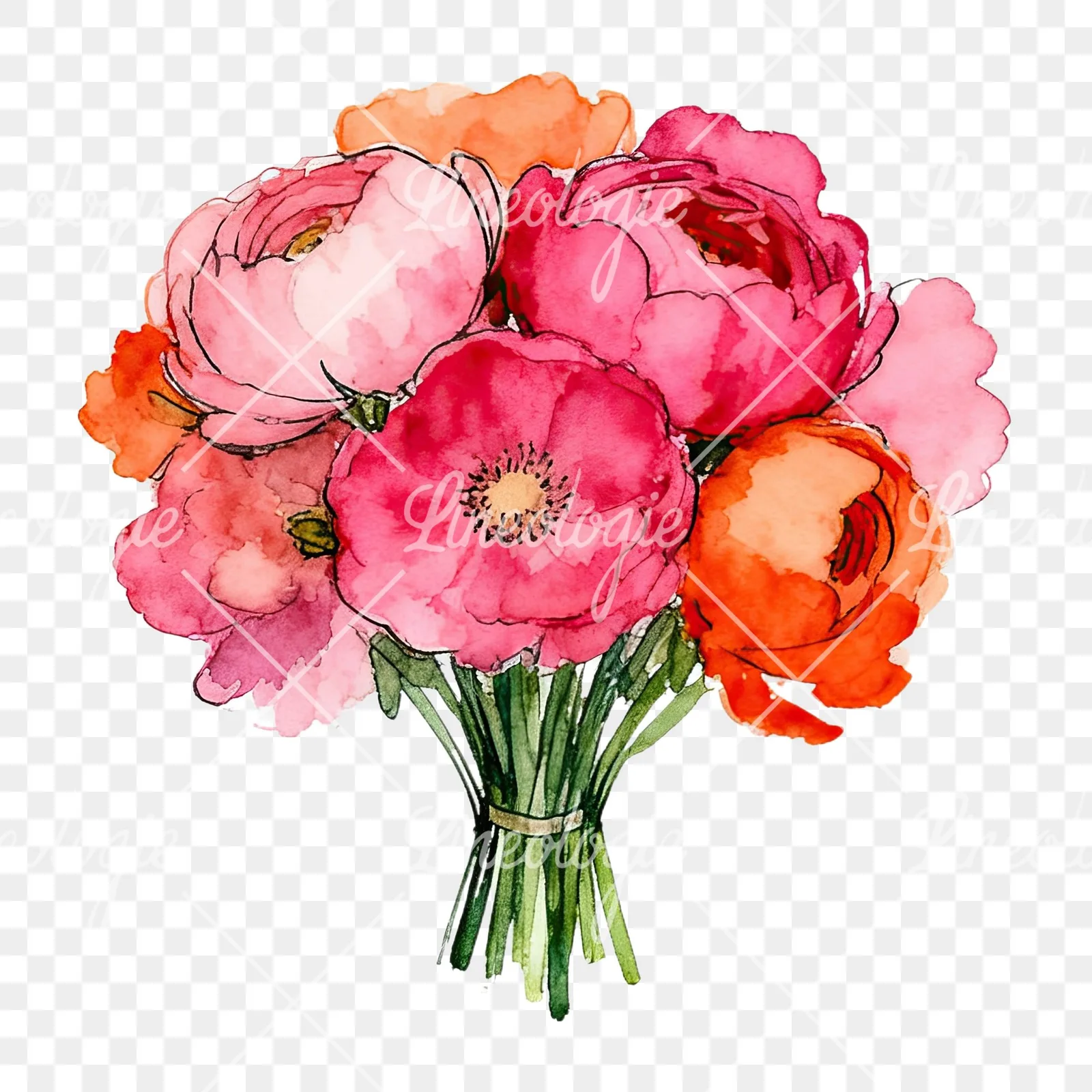Watercolor hot pink and orange wedding bouquet clipart 7 of 12 on a transparent background (PNG)
