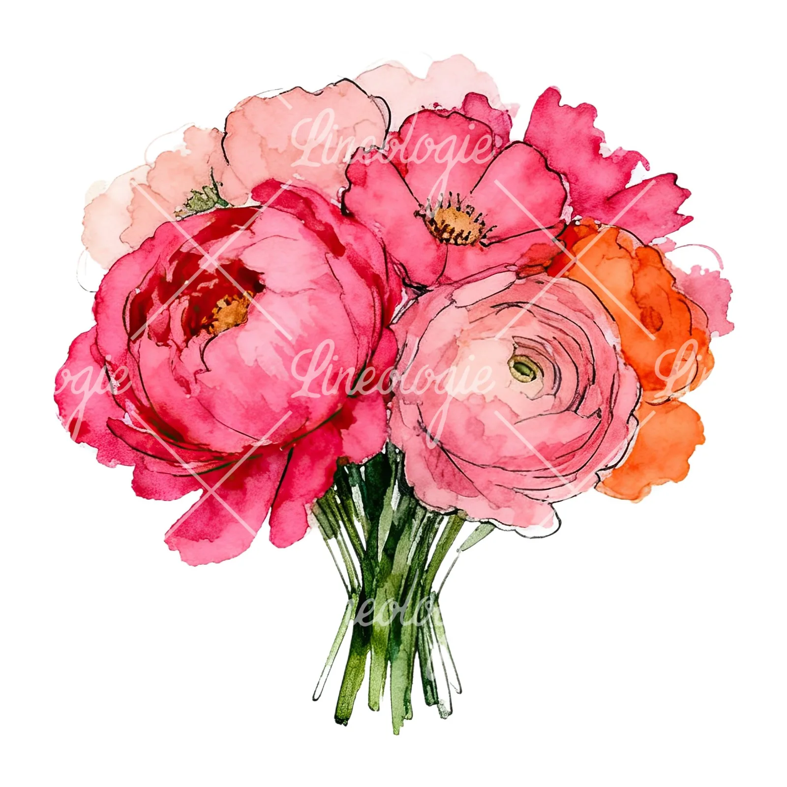 Watercolor hot pink and orange wedding bouquet clipart 8 of 12 on a white background (JPG)
