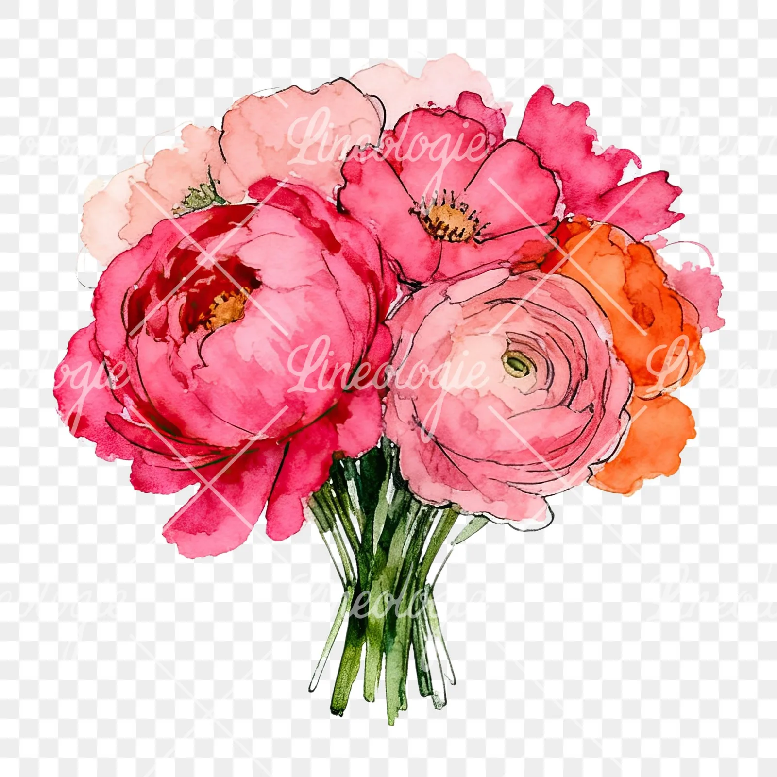 Watercolor hot pink and orange wedding bouquet clipart 8 of 12 on a transparent background (PNG)