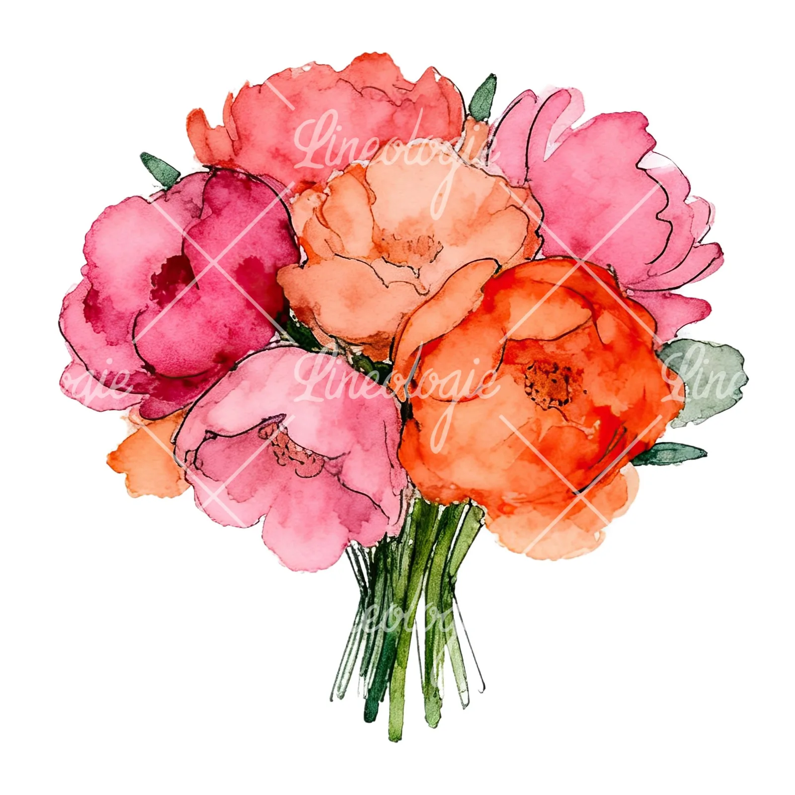 Watercolor hot pink and orange wedding bouquet clipart 9 of 12 on a white background (JPG)
