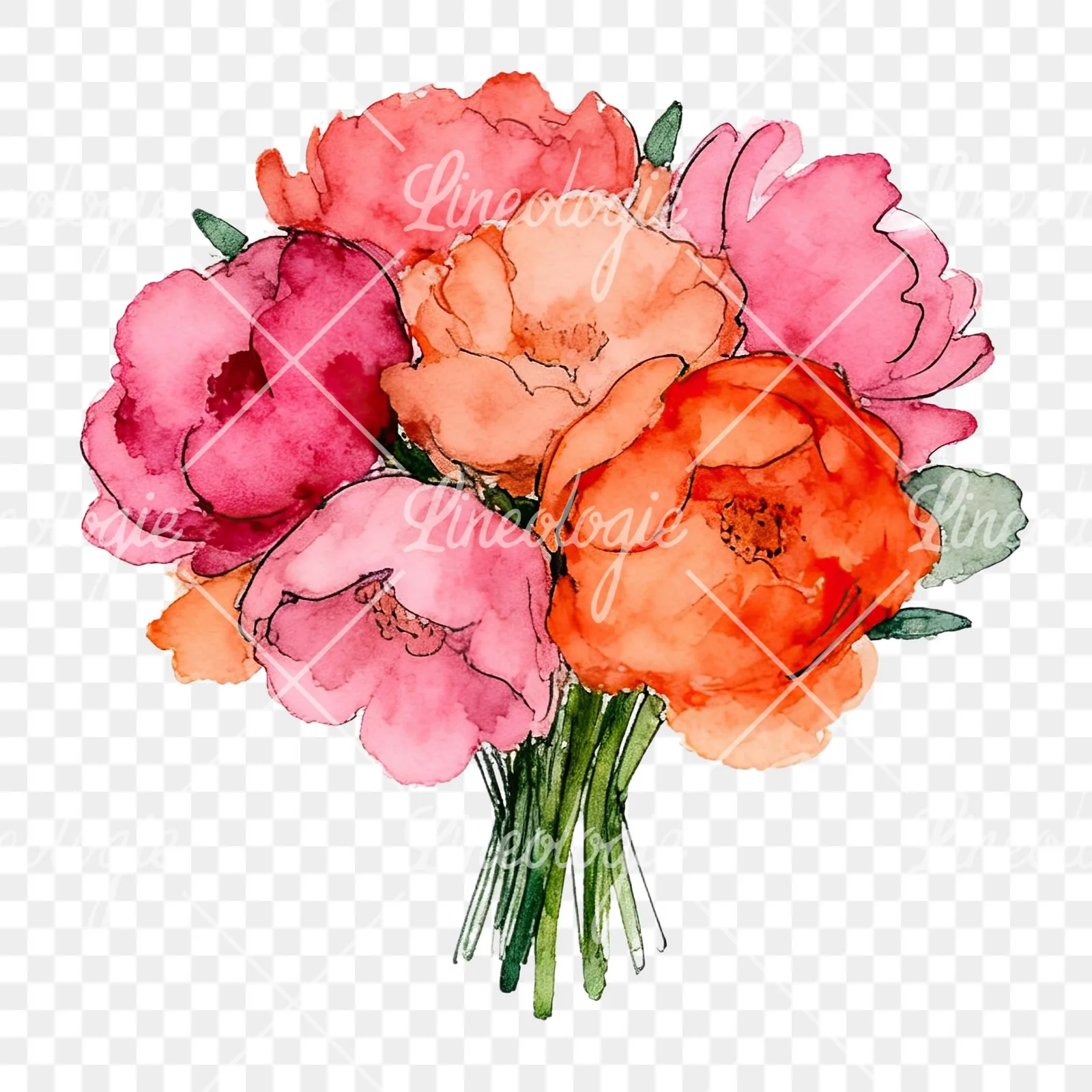 Watercolor hot pink and orange wedding bouquet clipart 9 of 12 on a transparent background (PNG)