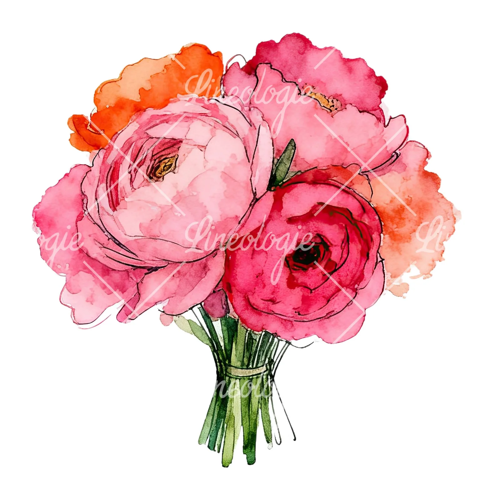 Watercolor hot pink and orange wedding bouquet clipart 10 of 12 on a white background (JPG)