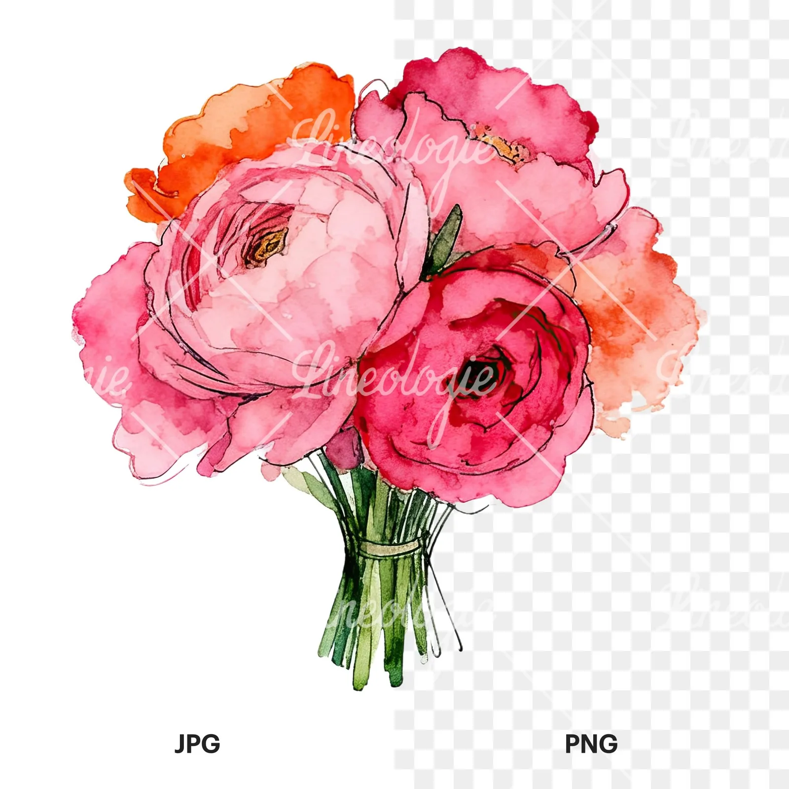 Watercolor hot pink and orange wedding bouquet clipart 10 of 12, as a JPG on white and a transparent PNG