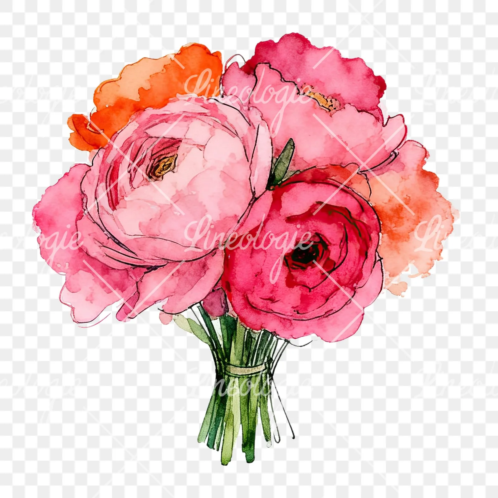 Watercolor hot pink and orange wedding bouquet clipart 10 of 12 on a transparent background (PNG)