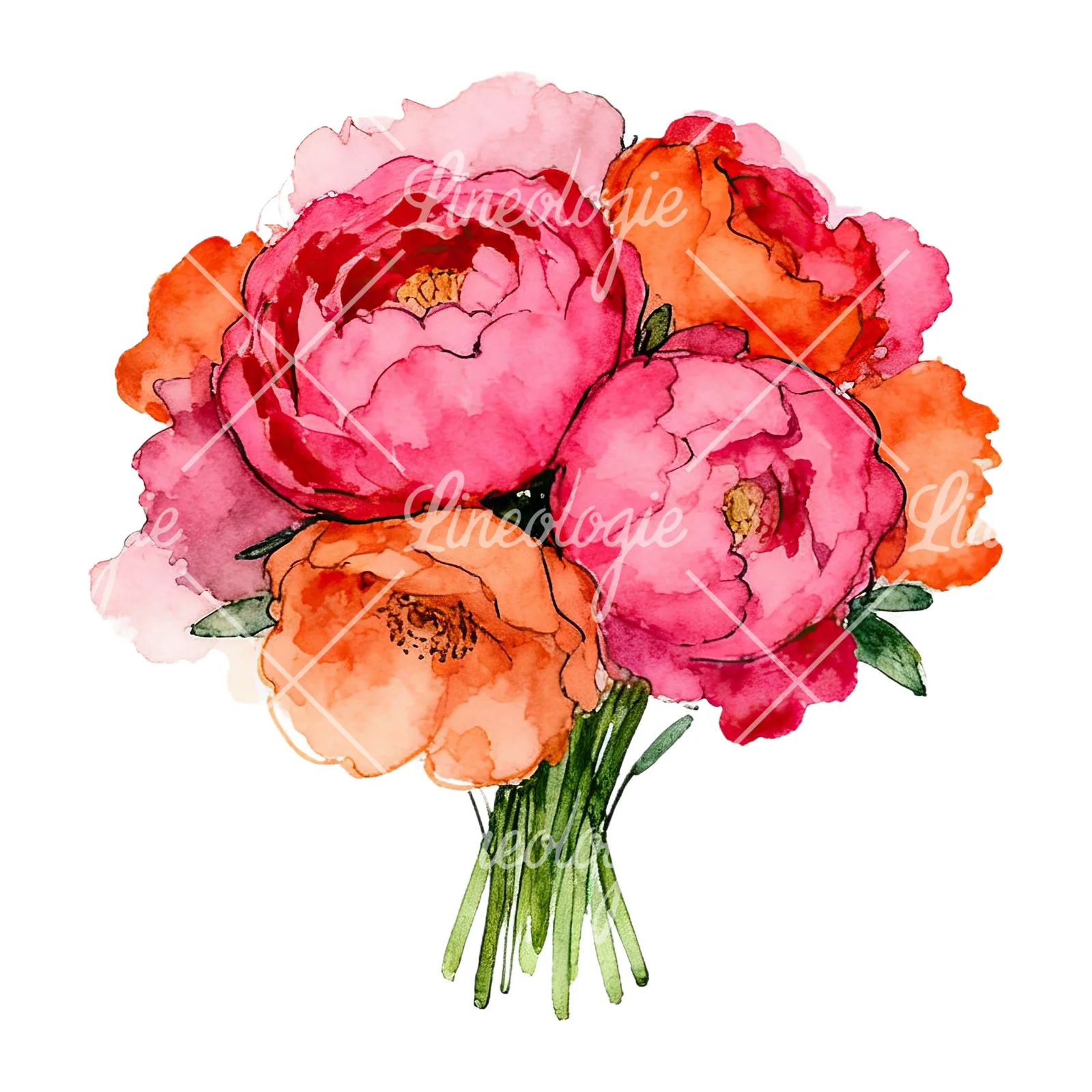 Watercolor hot pink and orange wedding bouquet clipart 11 of 12 on a white background (JPG)