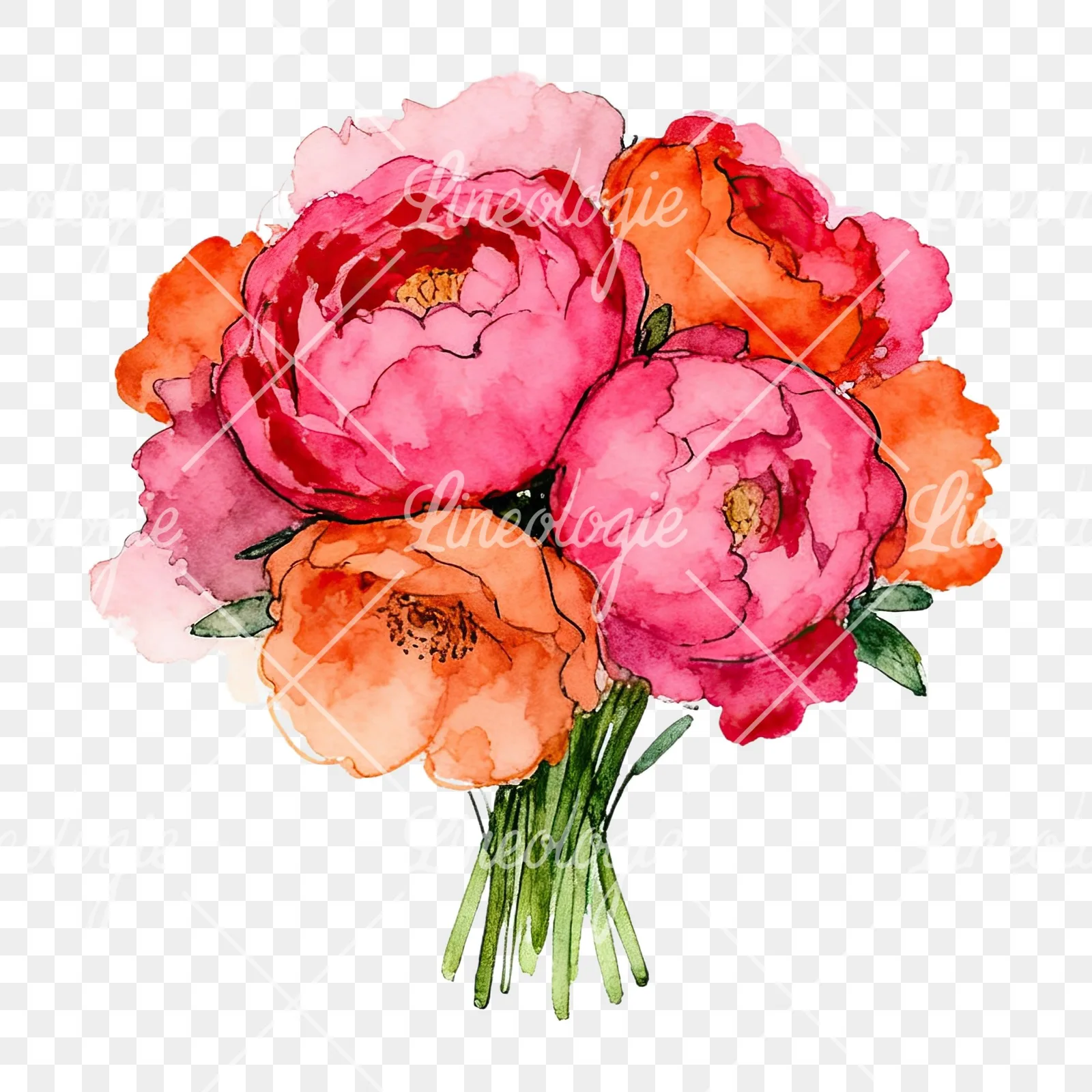 Watercolor hot pink and orange wedding bouquet clipart 11 of 12 on a transparent background (PNG)