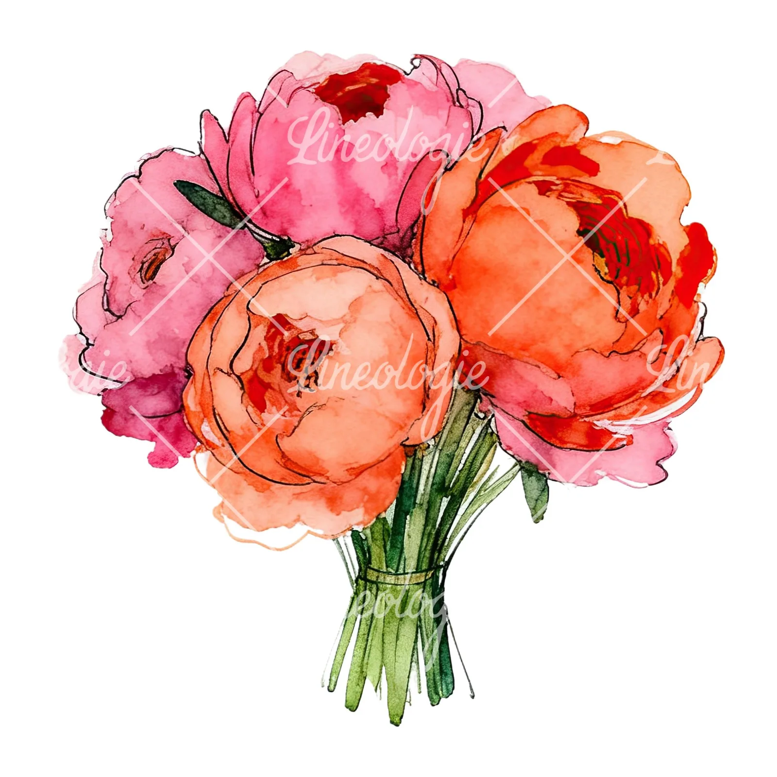Watercolor hot pink and orange wedding bouquet clipart 12 of 12 on a white background (JPG)