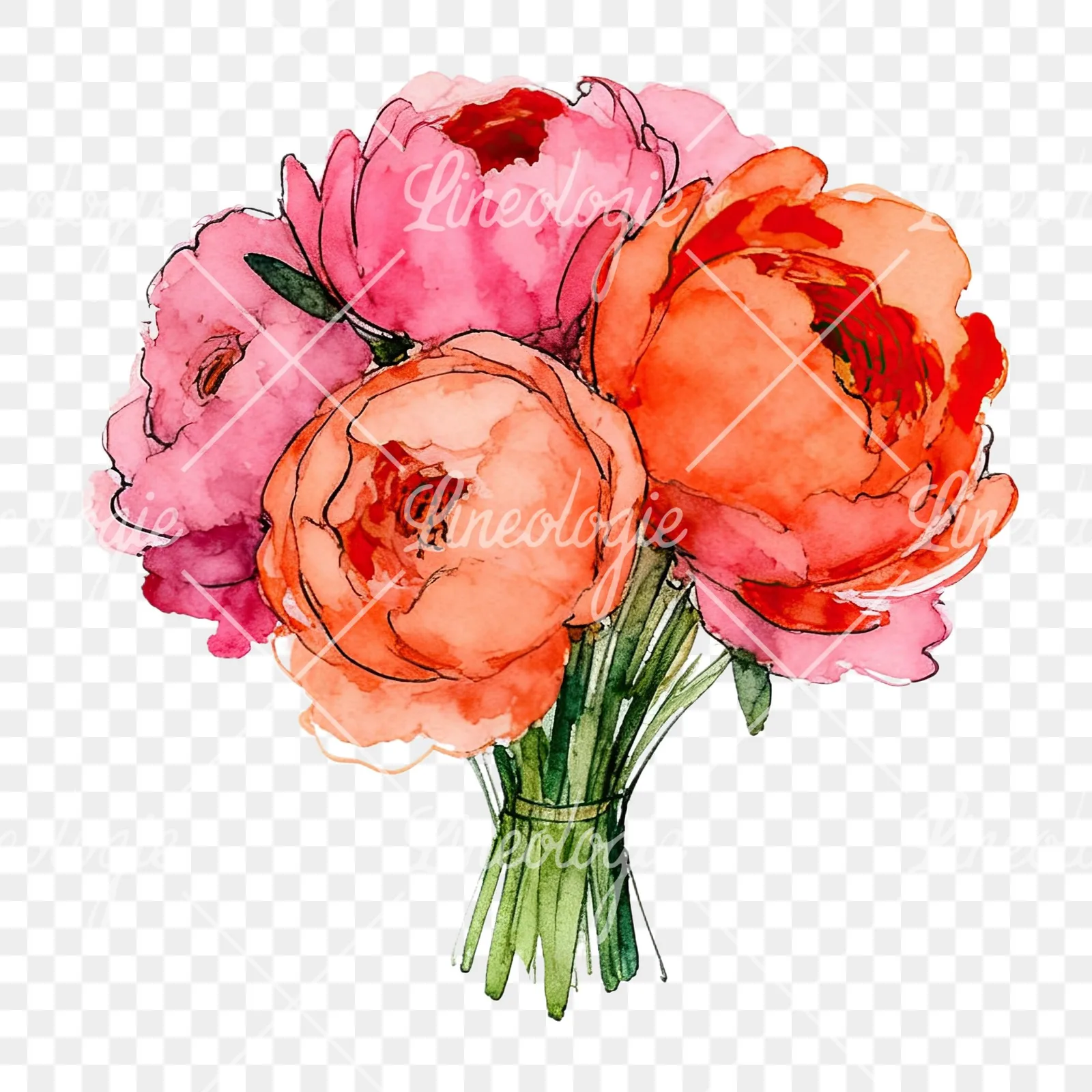 Watercolor hot pink and orange wedding bouquet clipart 12 of 12 on a transparent background (PNG)