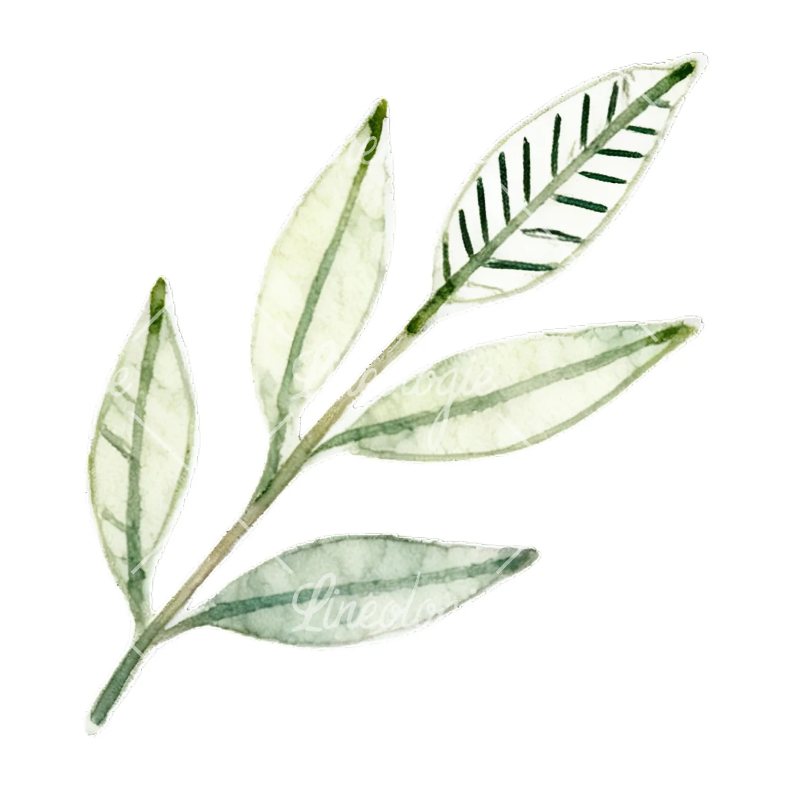 Watercolor light green laurel leaves branch clipart 6 of 12 on a white background (JPG)