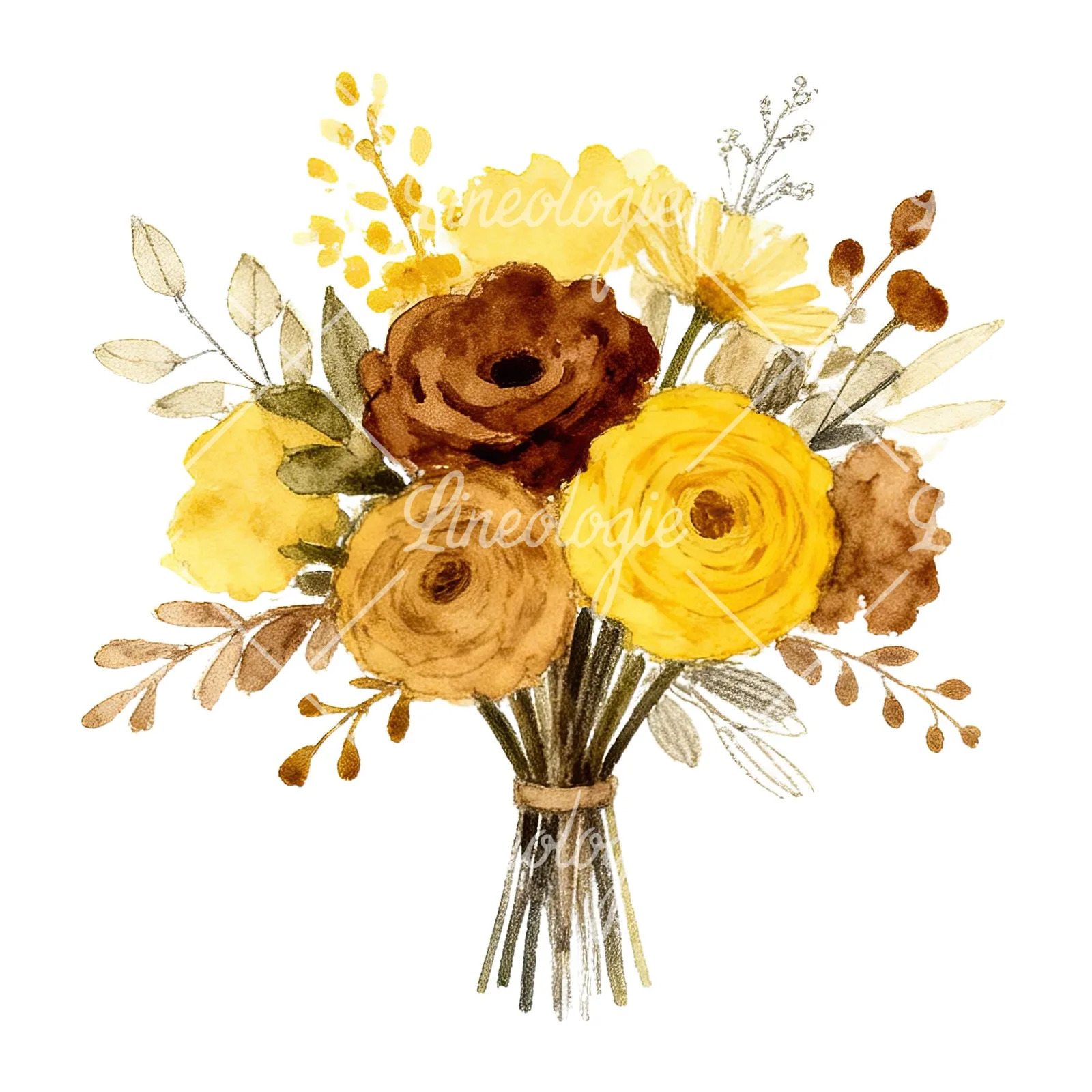 Watercolor mustard yellow and brown wedding bouquet clipart 1 of 12 on a white background (JPG)