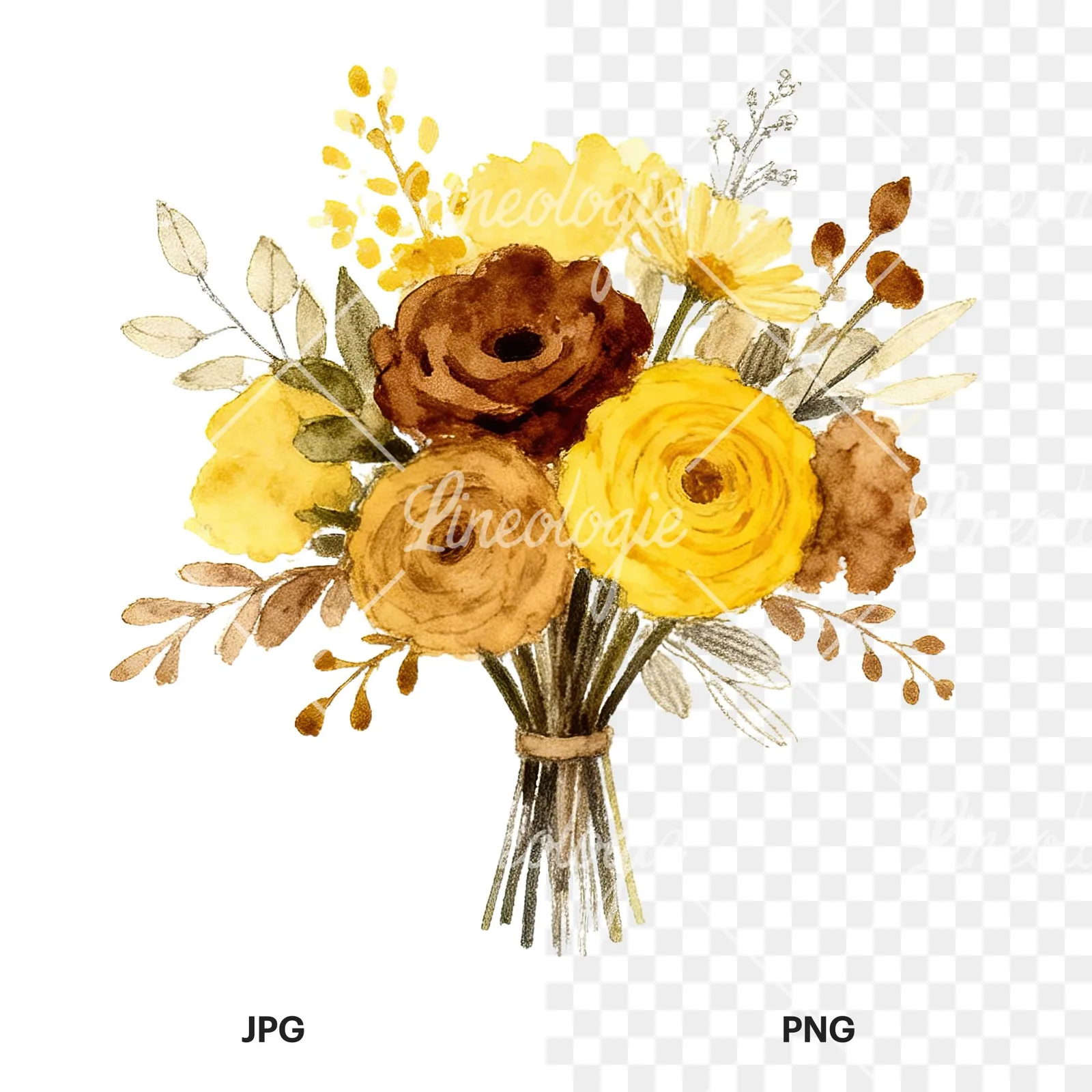 Watercolor mustard yellow and brown wedding bouquet clipart 1 of 12, as a JPG on white and a transparent PNG