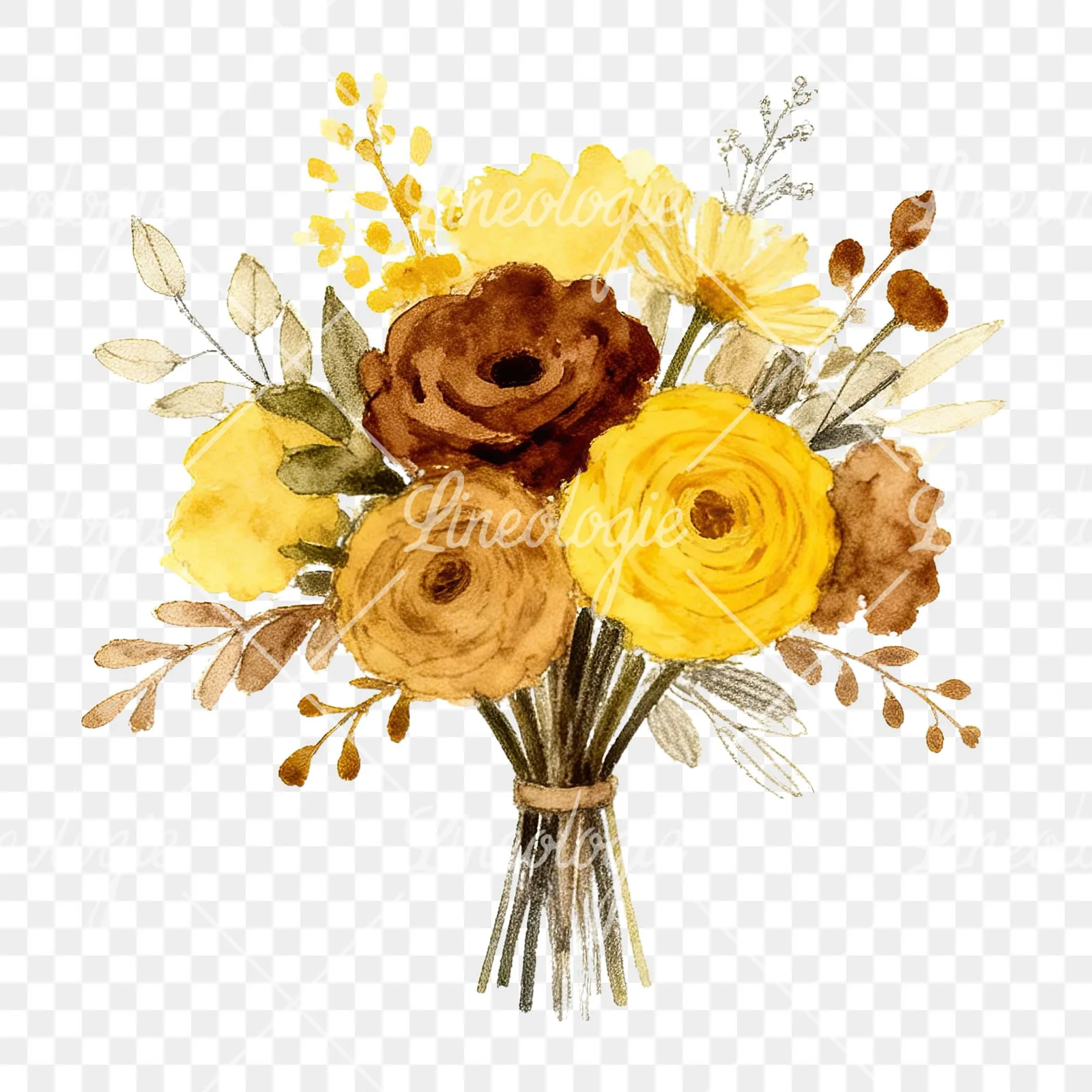 Watercolor mustard yellow and brown wedding bouquet clipart 1 of 12 on a transparent background (PNG)