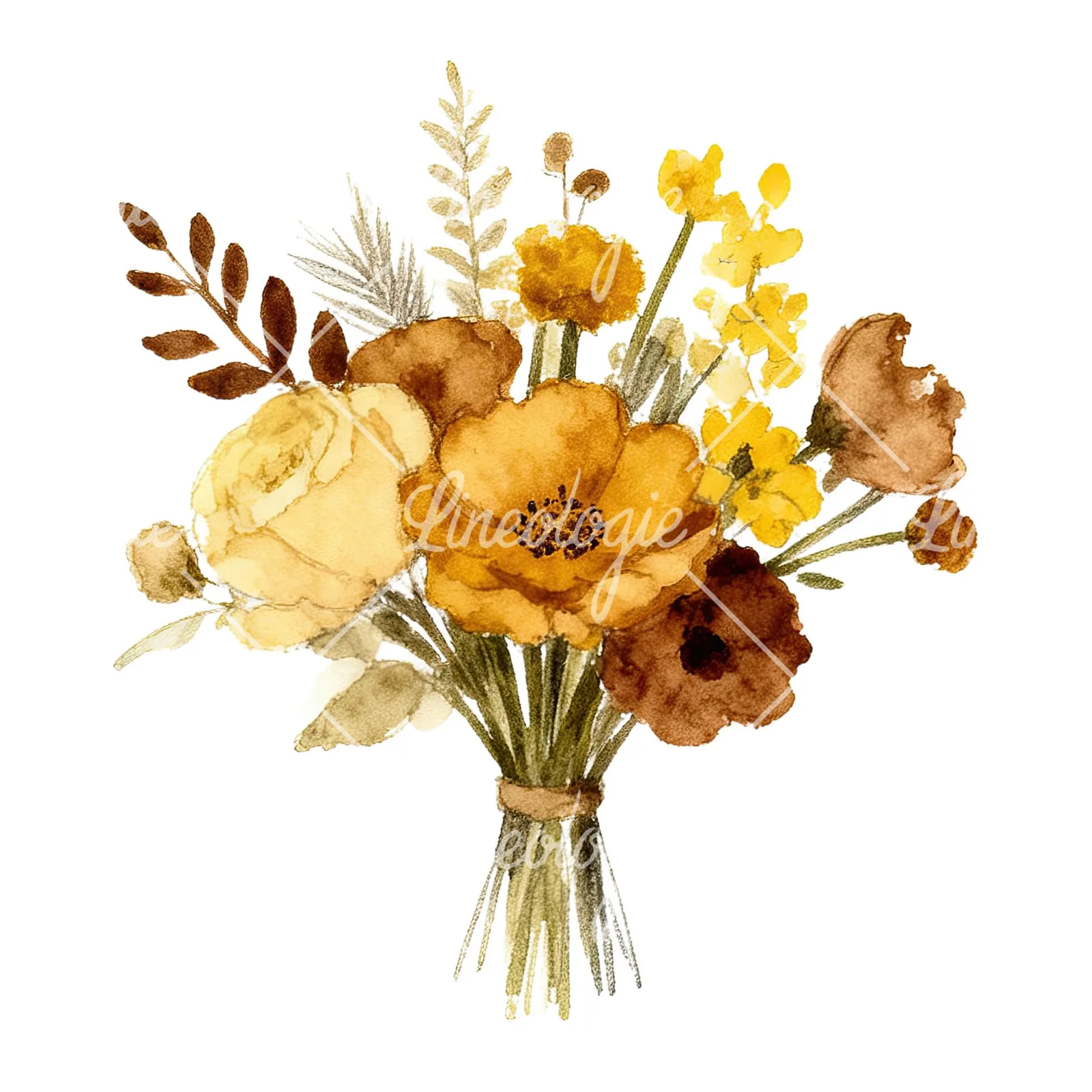 Watercolor mustard yellow and brown wedding bouquet clipart 2 of 12 on a white background (JPG)