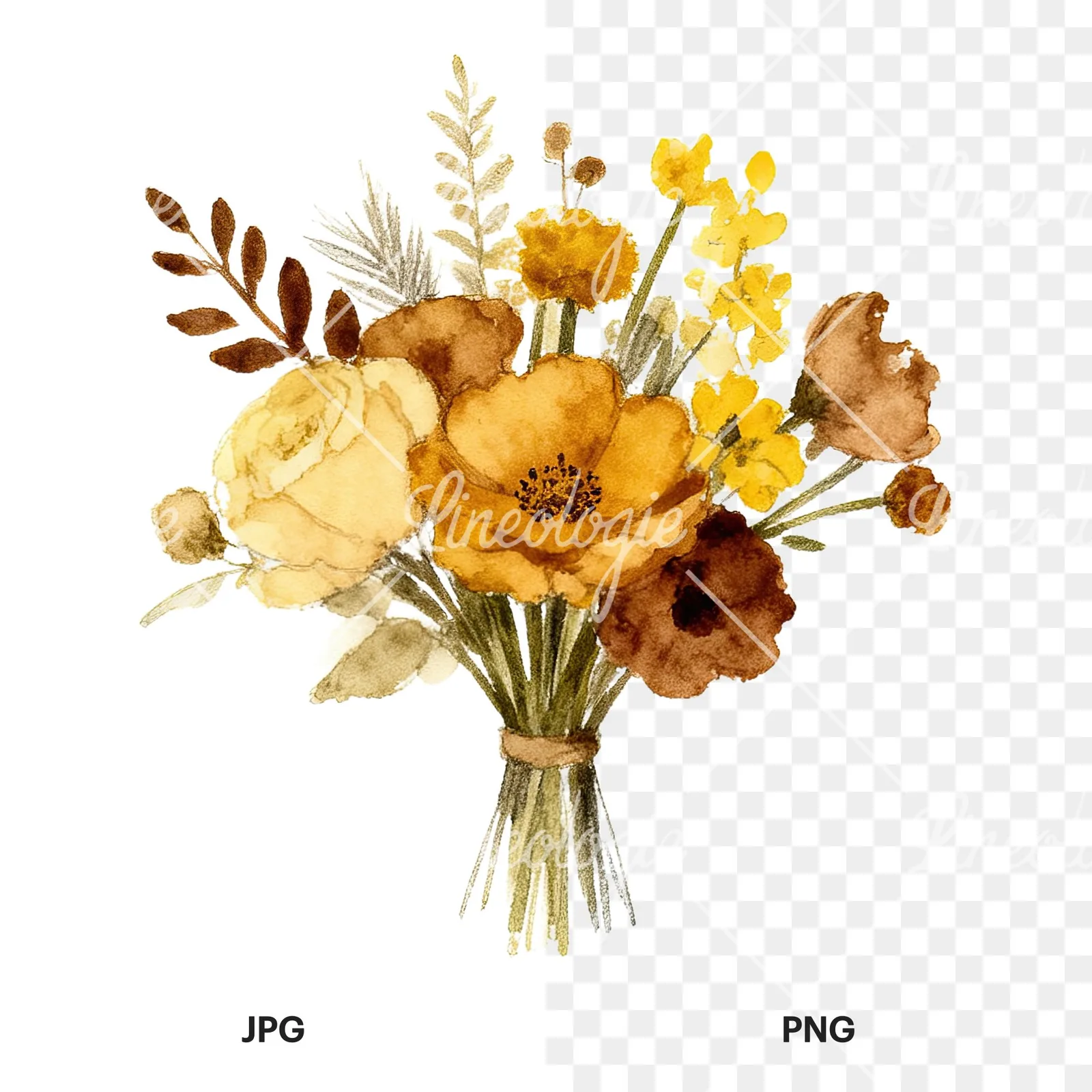 Watercolor mustard yellow and brown wedding bouquet clipart 2 of 12, as a JPG on white and a transparent PNG