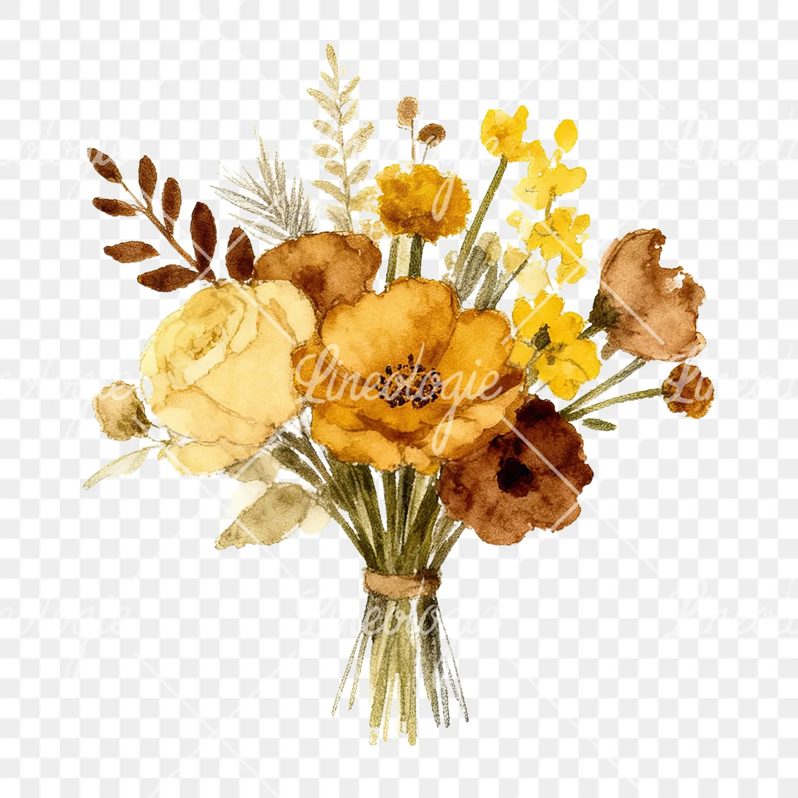 Watercolor mustard yellow and brown wedding bouquet clipart 2 of 12 on a transparent background (PNG)