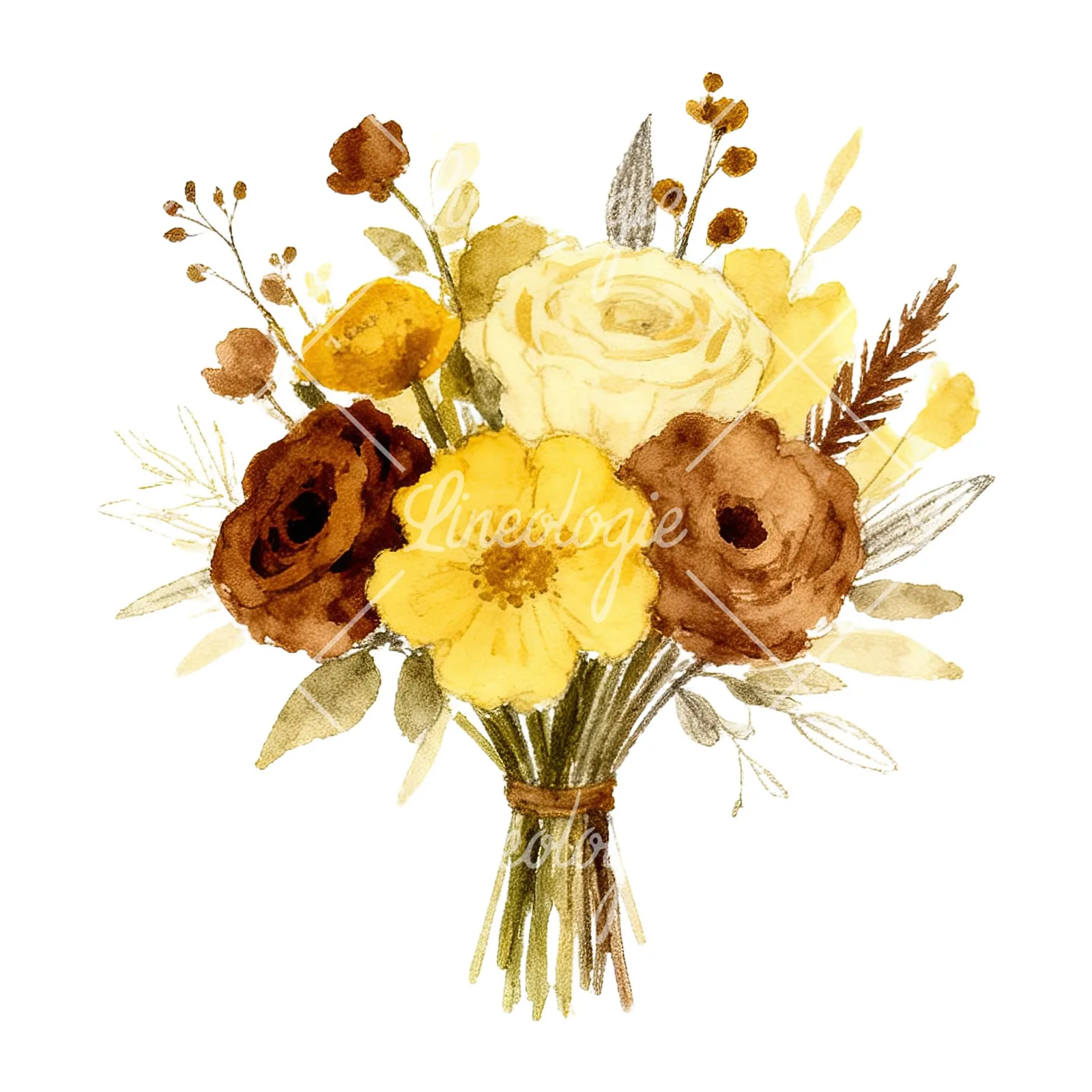 Watercolor mustard yellow and brown wedding bouquet clipart 3 of 12 on a white background (JPG)