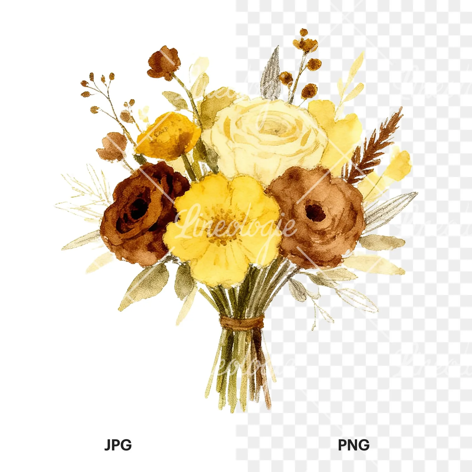 Watercolor mustard yellow and brown wedding bouquet clipart 3 of 12, as a JPG on white and a transparent PNG