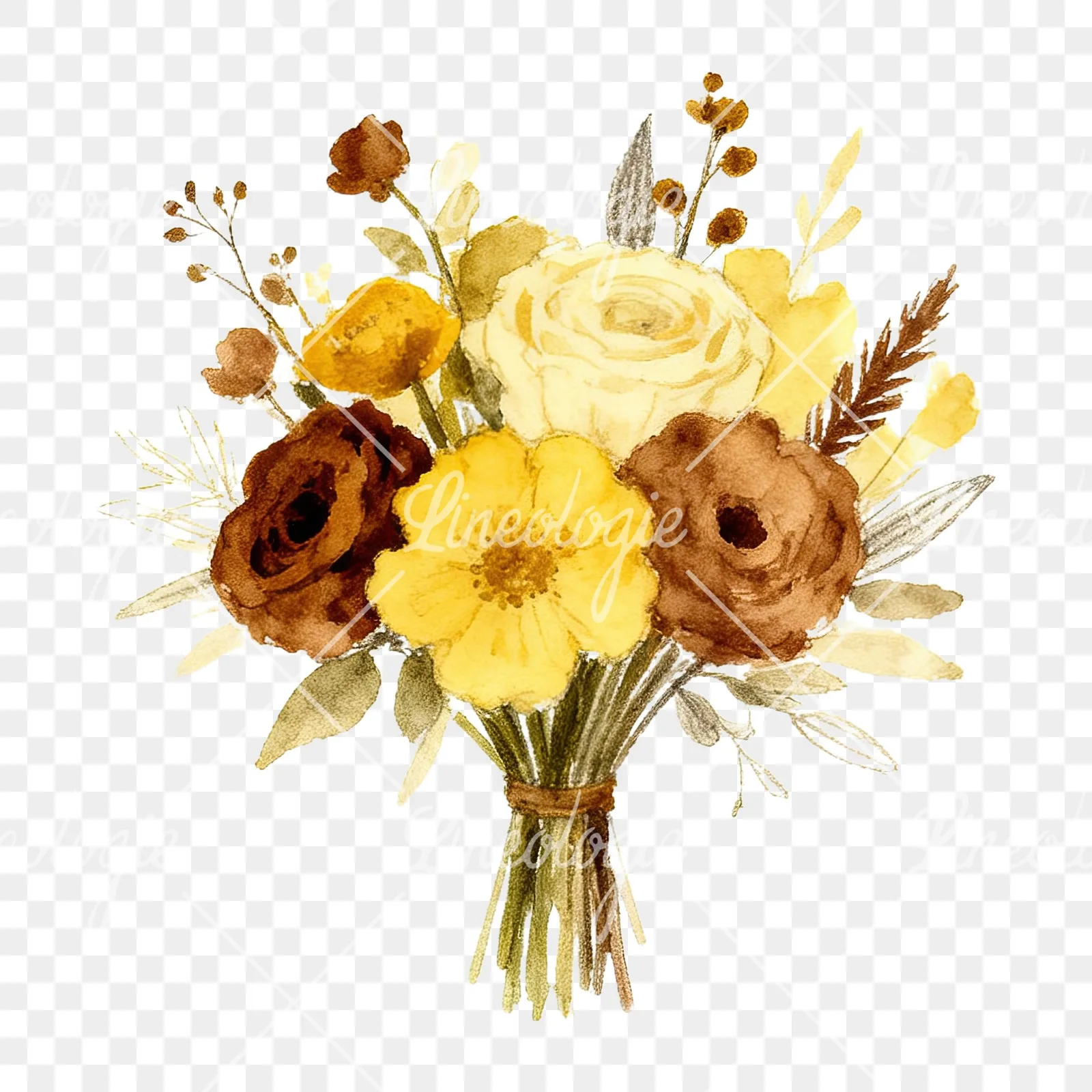 Watercolor mustard yellow and brown wedding bouquet clipart 3 of 12 on a transparent background (PNG)