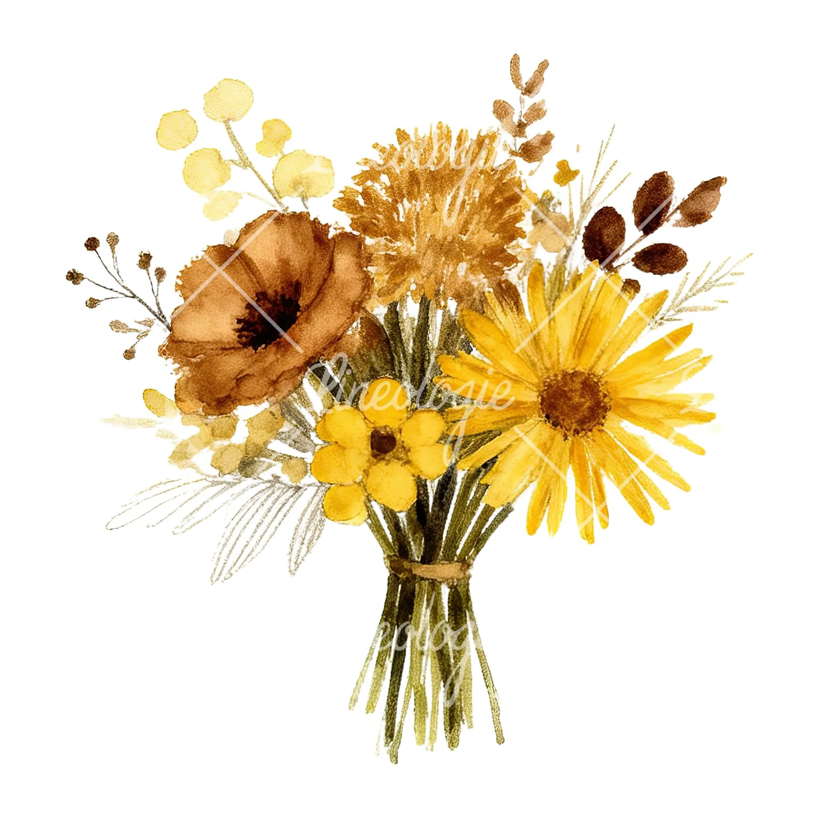 Watercolor mustard yellow and brown wedding bouquet clipart 4 of 12 on a white background (JPG)