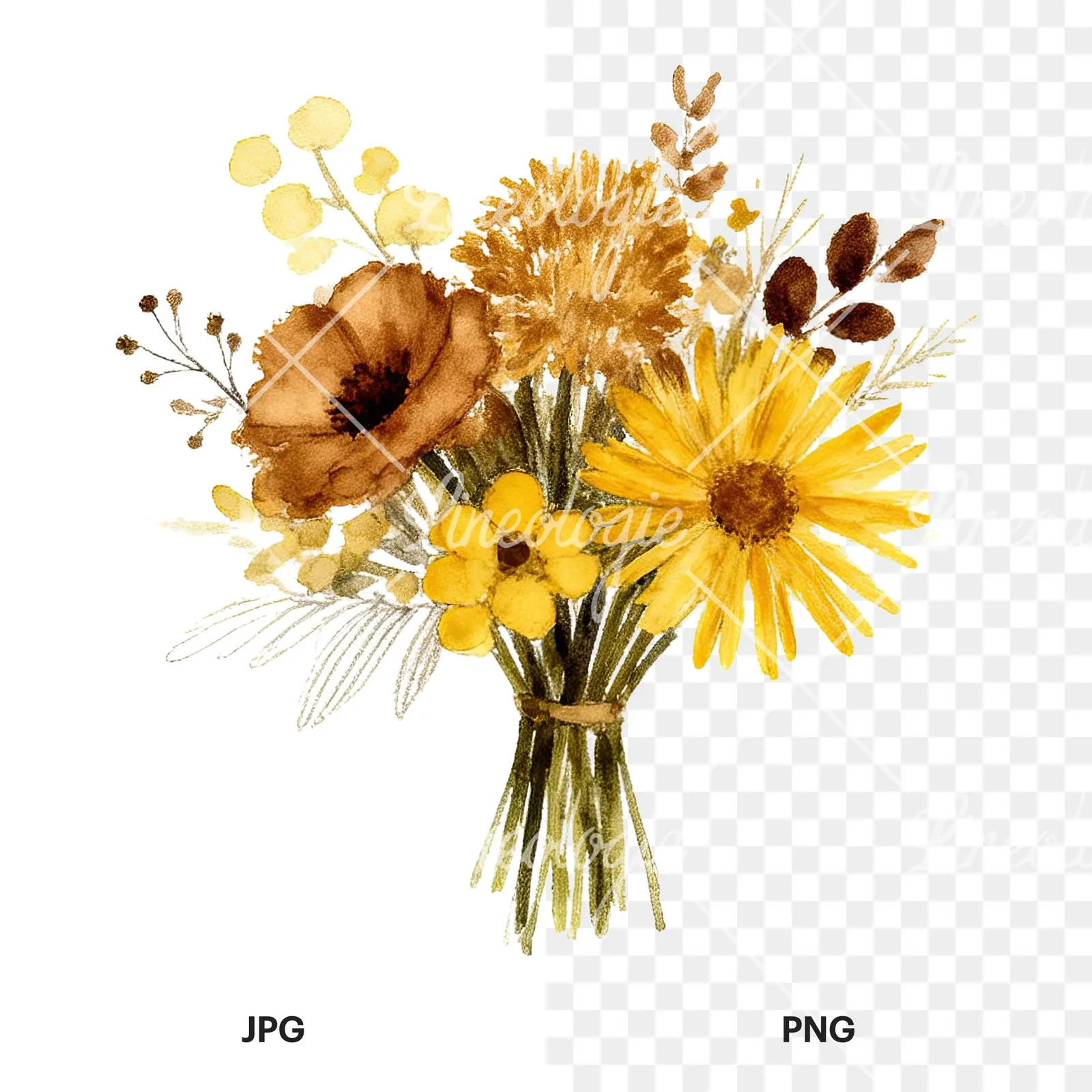 Watercolor mustard yellow and brown wedding bouquet clipart 4 of 12, as a JPG on white and a transparent PNG