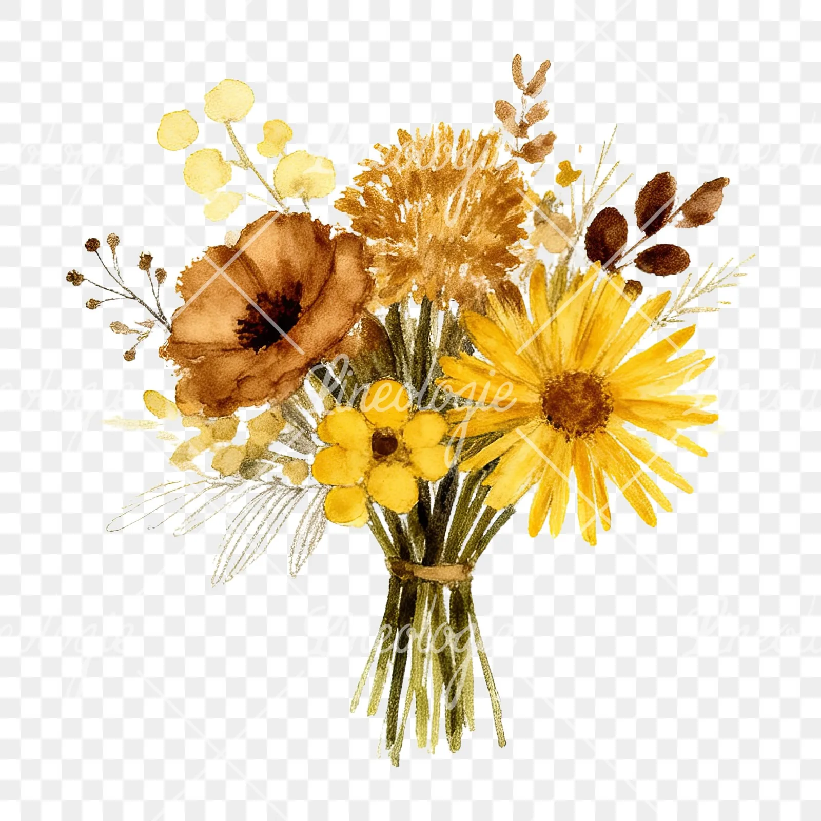 Watercolor mustard yellow and brown wedding bouquet clipart 4 of 12 on a transparent background (PNG)