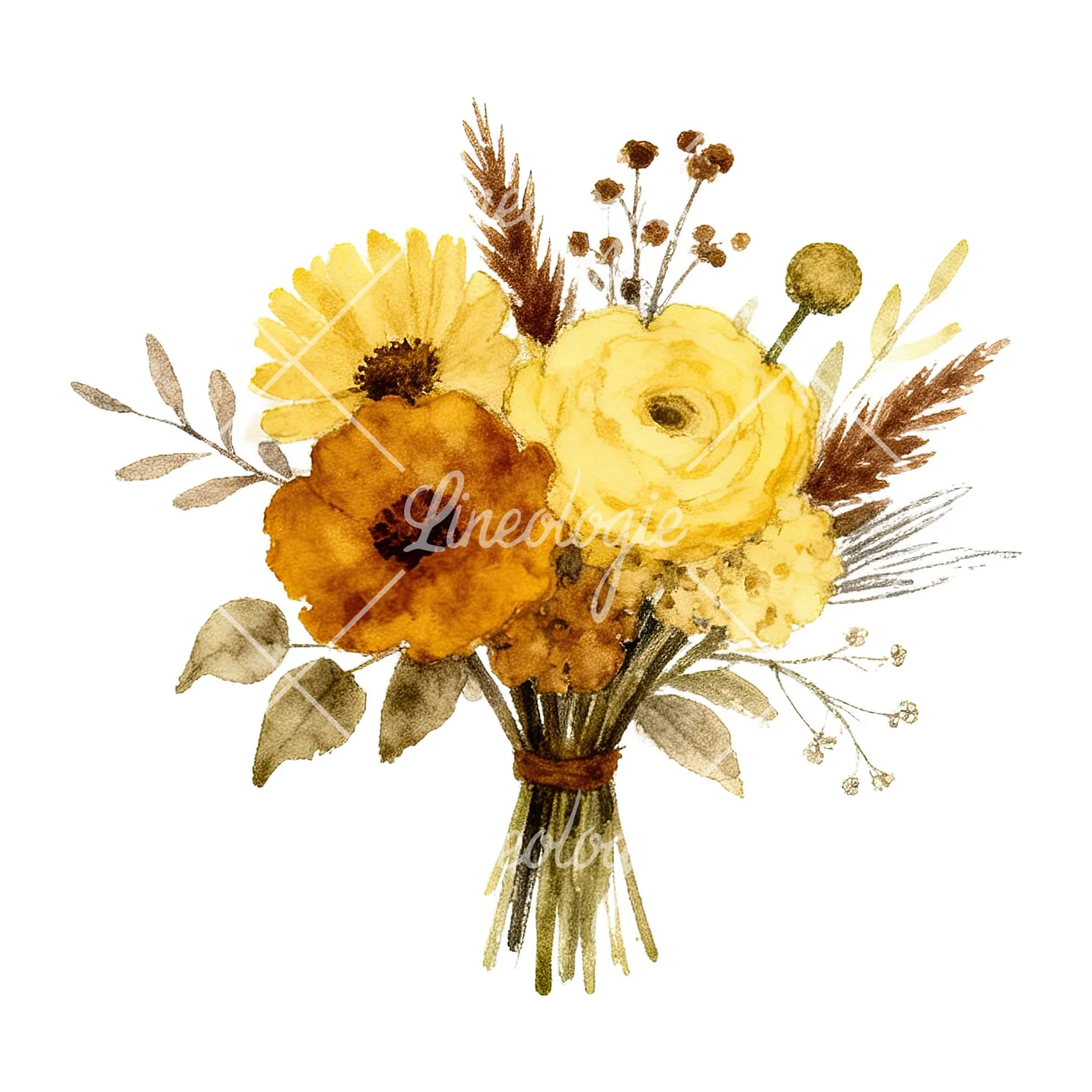 Watercolor mustard yellow and brown wedding bouquet clipart 5 of 12 on a white background (JPG)