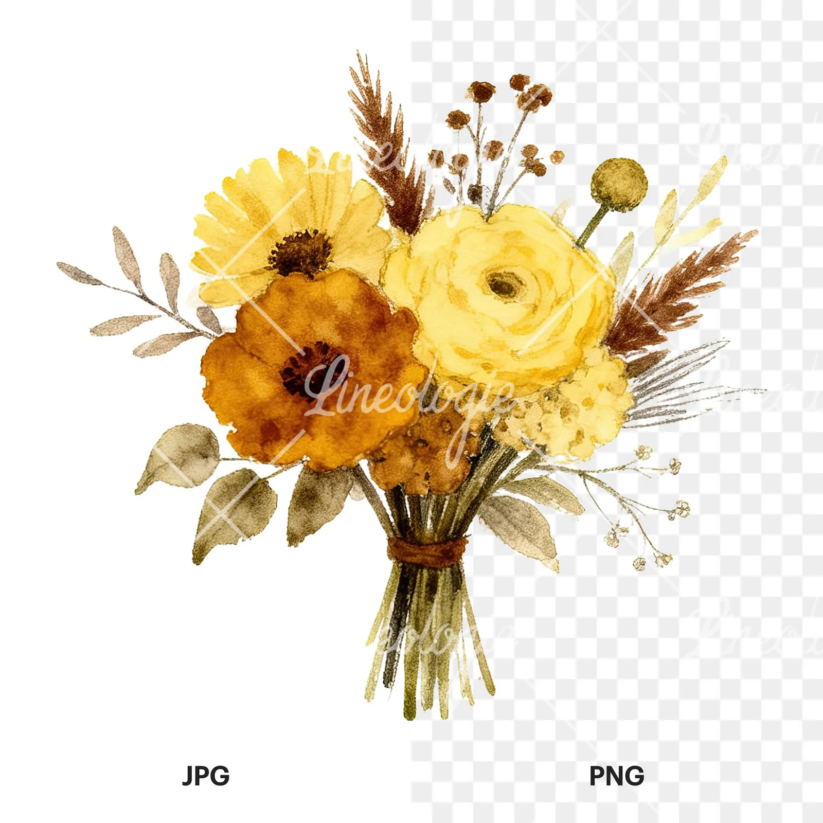 Watercolor mustard yellow and brown wedding bouquet clipart 5 of 12, as a JPG on white and a transparent PNG