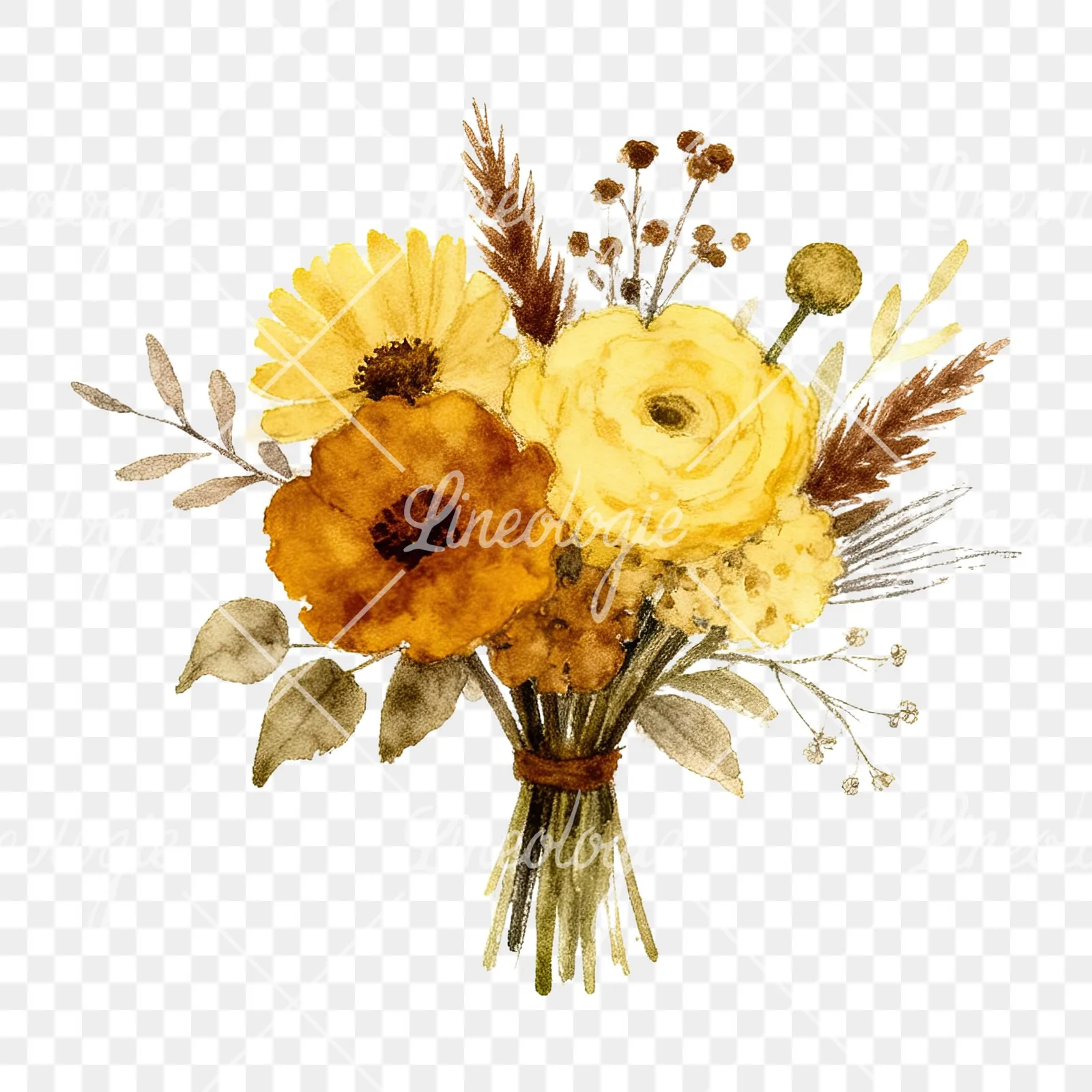 Watercolor mustard yellow and brown wedding bouquet clipart 5 of 12 on a transparent background (PNG)