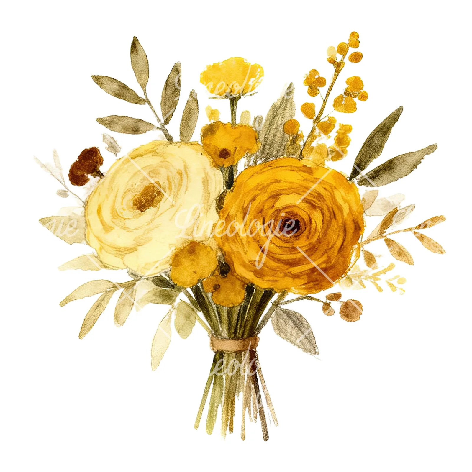 Watercolor mustard yellow and brown wedding bouquet clipart 6 of 12 on a white background (JPG)