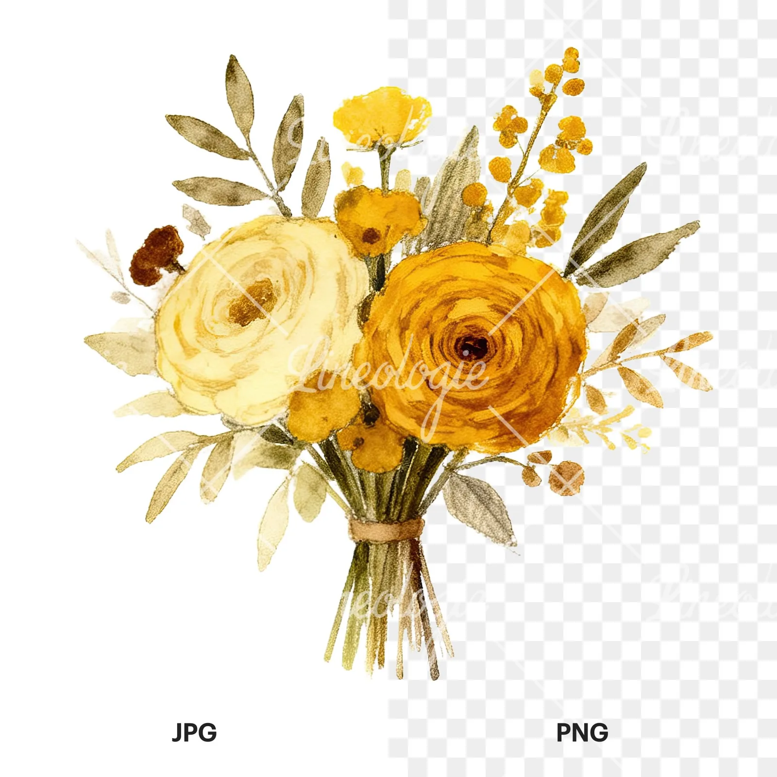 Watercolor mustard yellow and brown wedding bouquet clipart 6 of 12, as a JPG on white and a transparent PNG