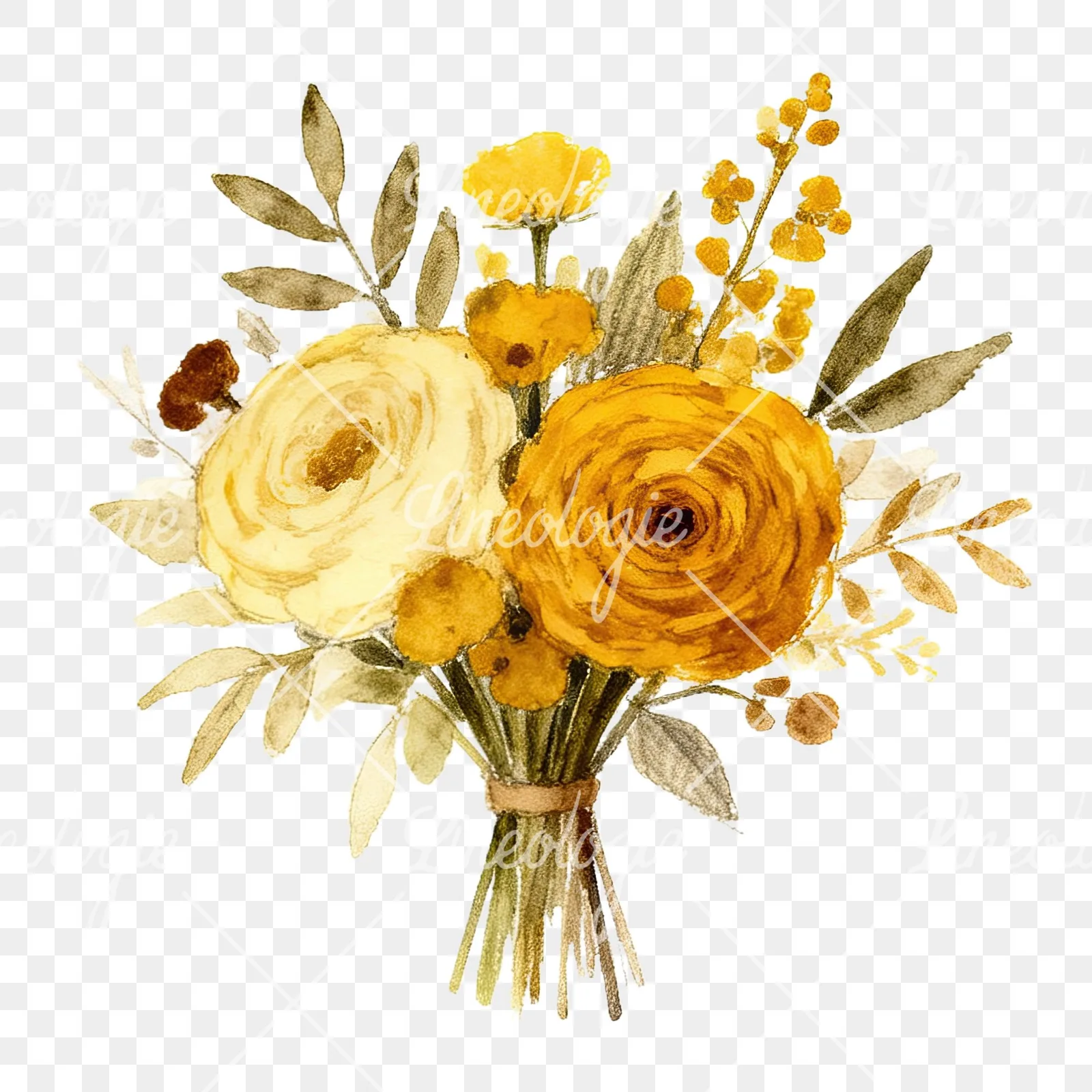Watercolor mustard yellow and brown wedding bouquet clipart 6 of 12 on a transparent background (PNG)