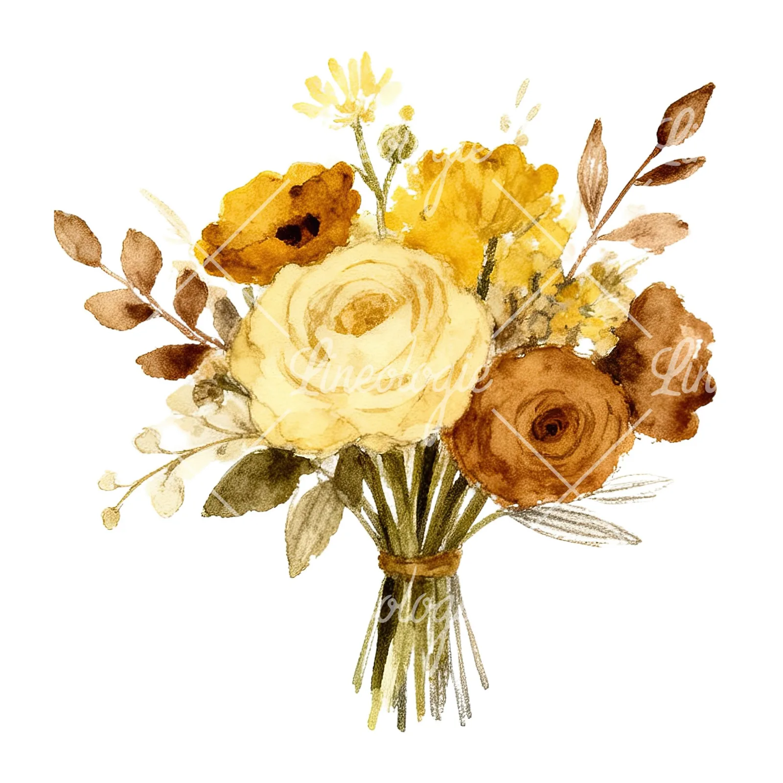 Watercolor mustard yellow and brown wedding bouquet clipart 7 of 12 on a white background (JPG)