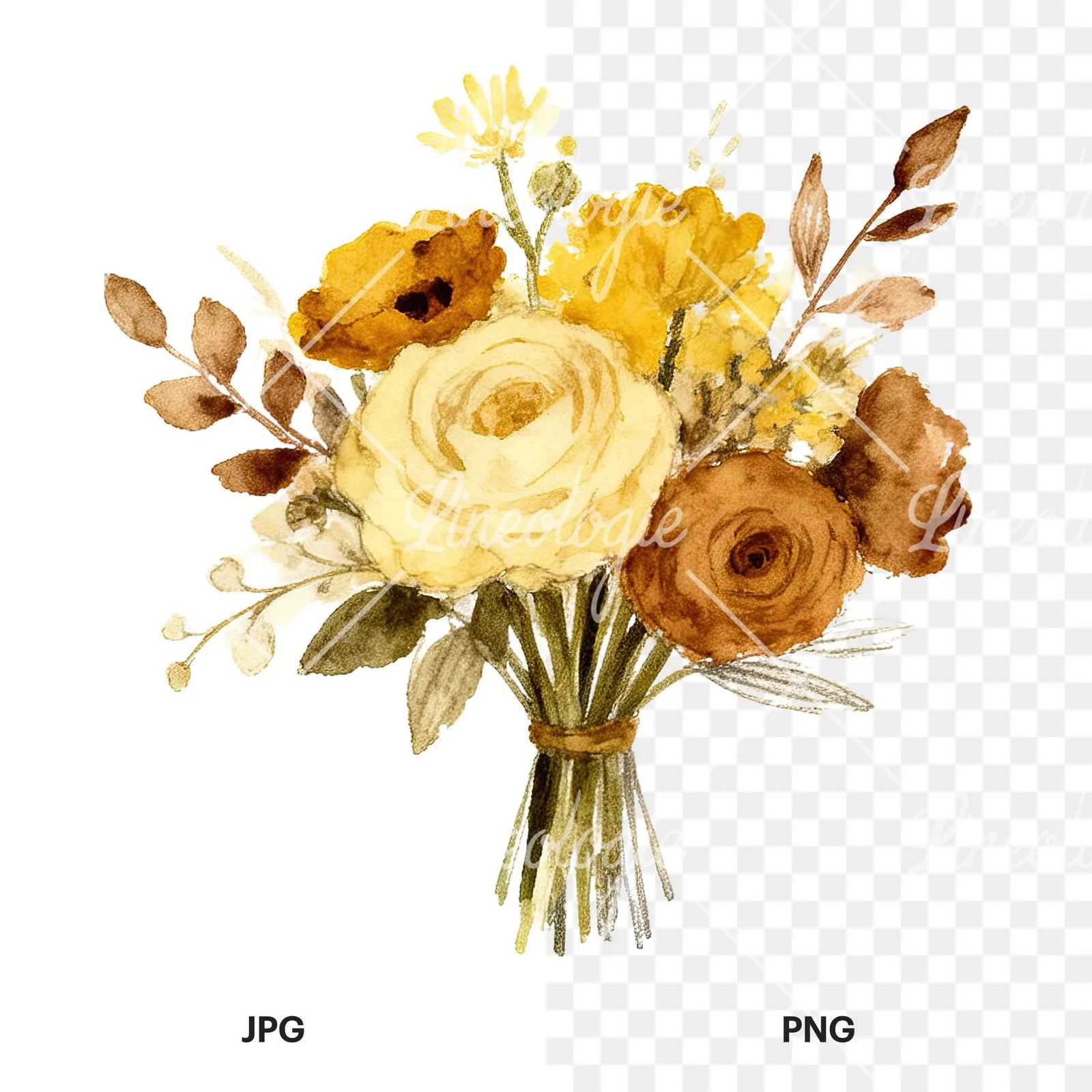Watercolor mustard yellow and brown wedding bouquet clipart 7 of 12, as a JPG on white and a transparent PNG