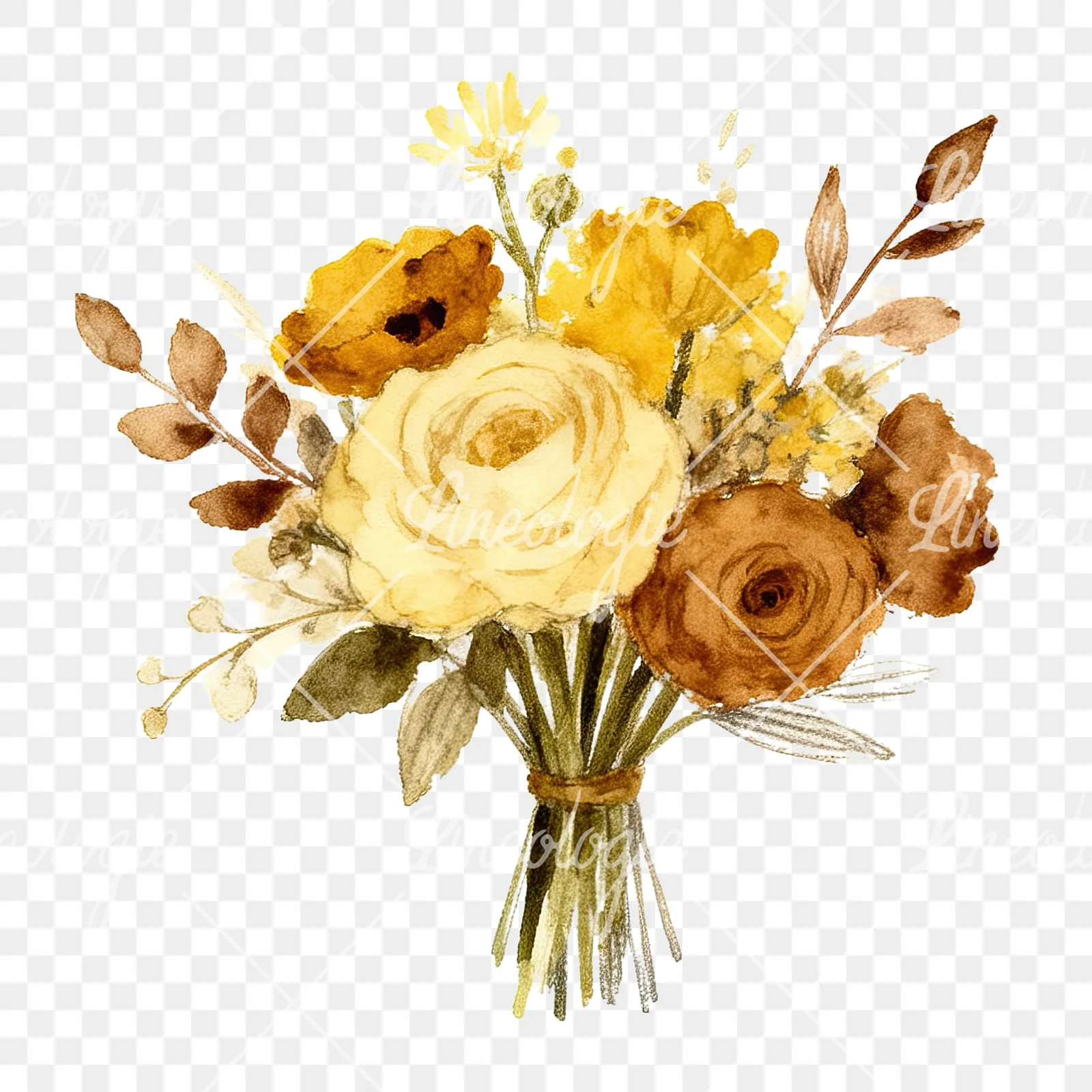 Watercolor mustard yellow and brown wedding bouquet clipart 7 of 12 on a transparent background (PNG)