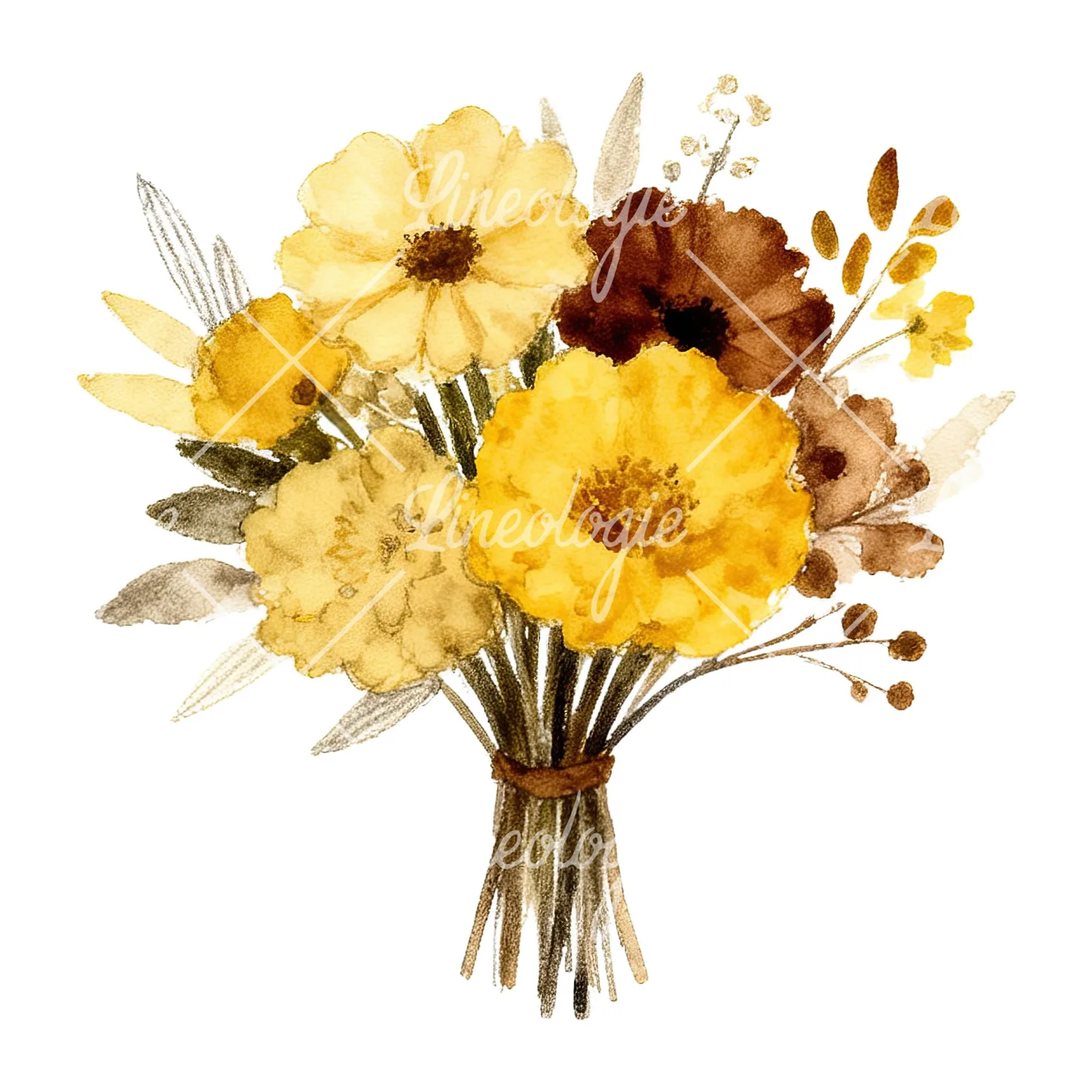 Watercolor mustard yellow and brown wedding bouquet clipart 8 of 12 on a white background (JPG)