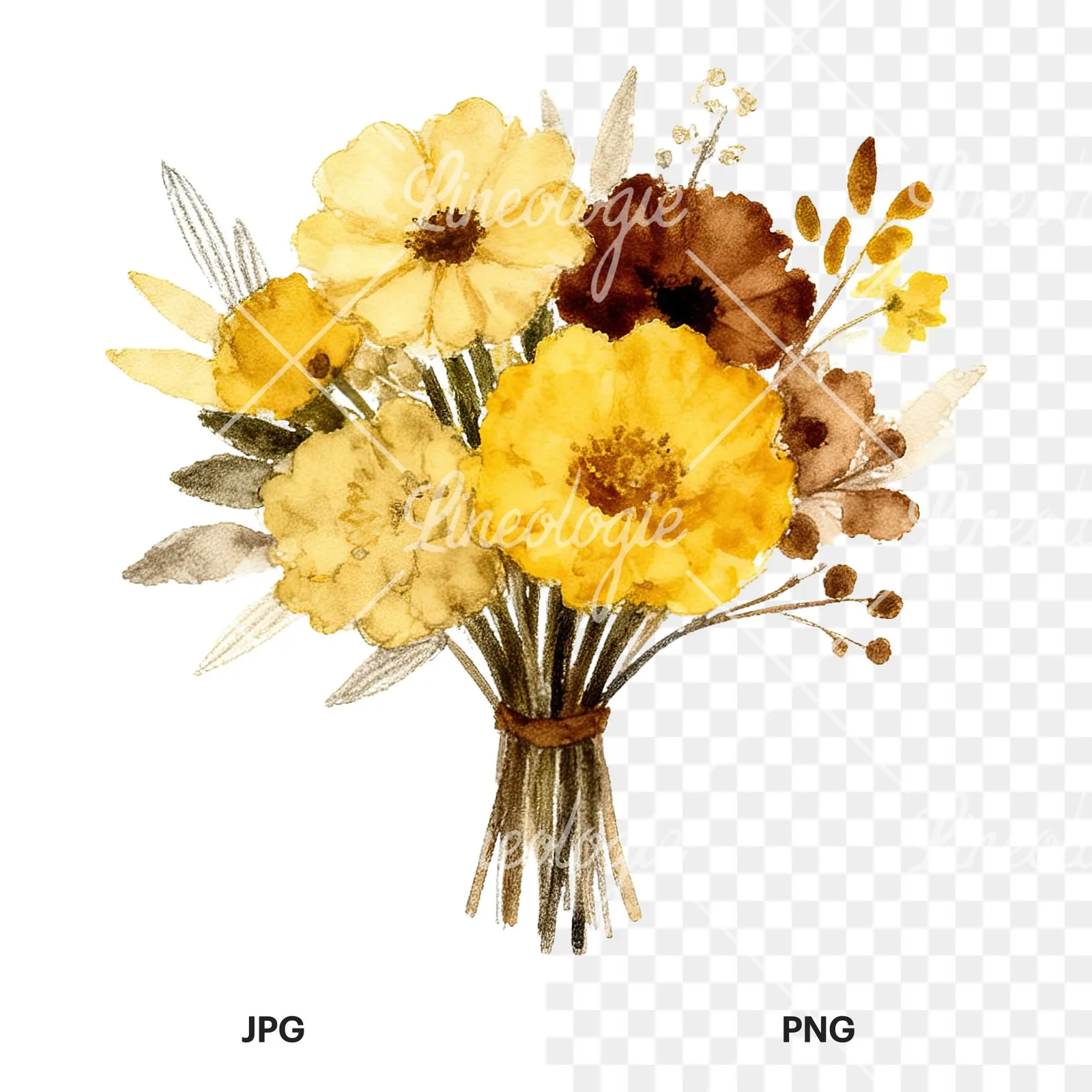 Watercolor mustard yellow and brown wedding bouquet clipart 8 of 12, as a JPG on white and a transparent PNG