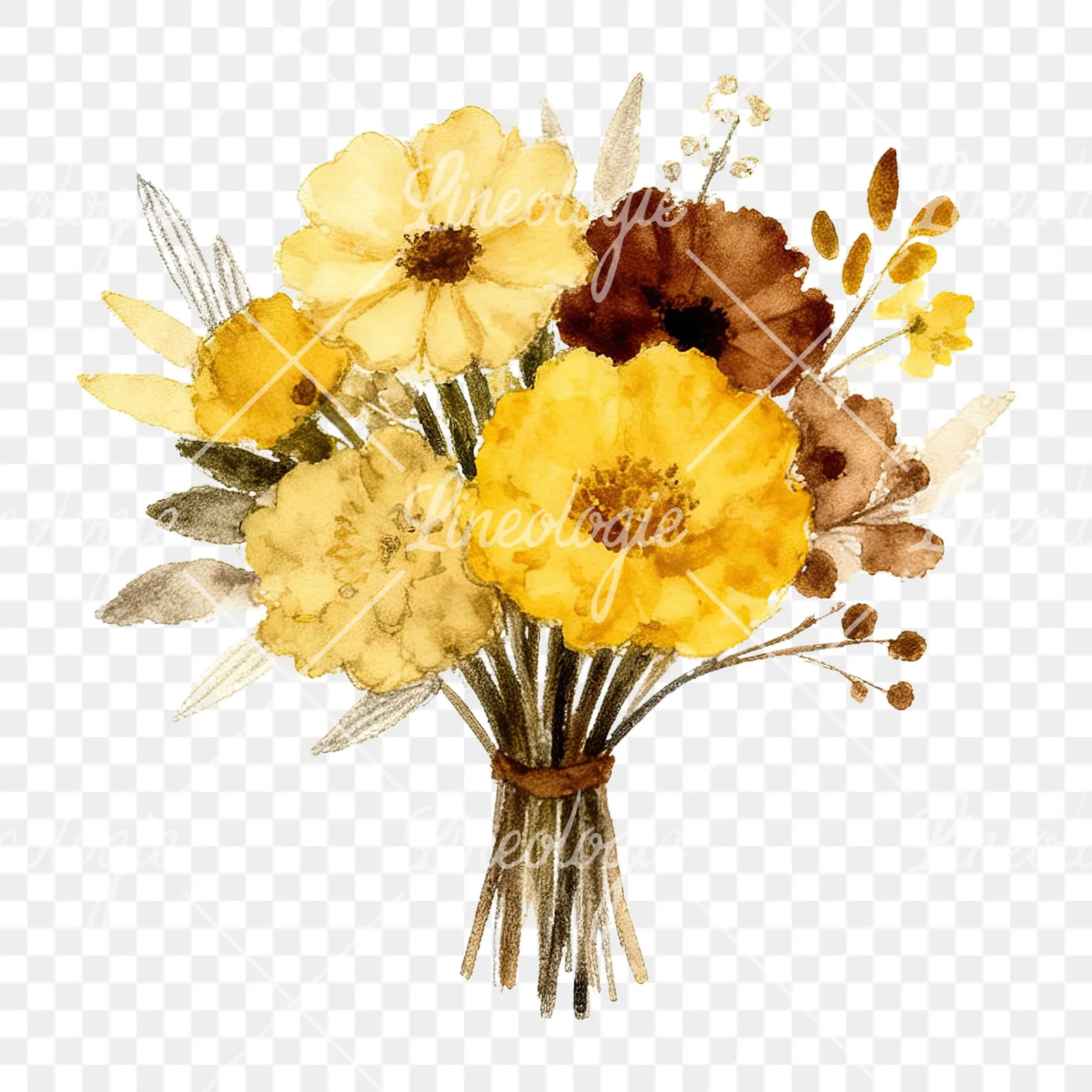 Watercolor mustard yellow and brown wedding bouquet clipart 8 of 12 on a transparent background (PNG)