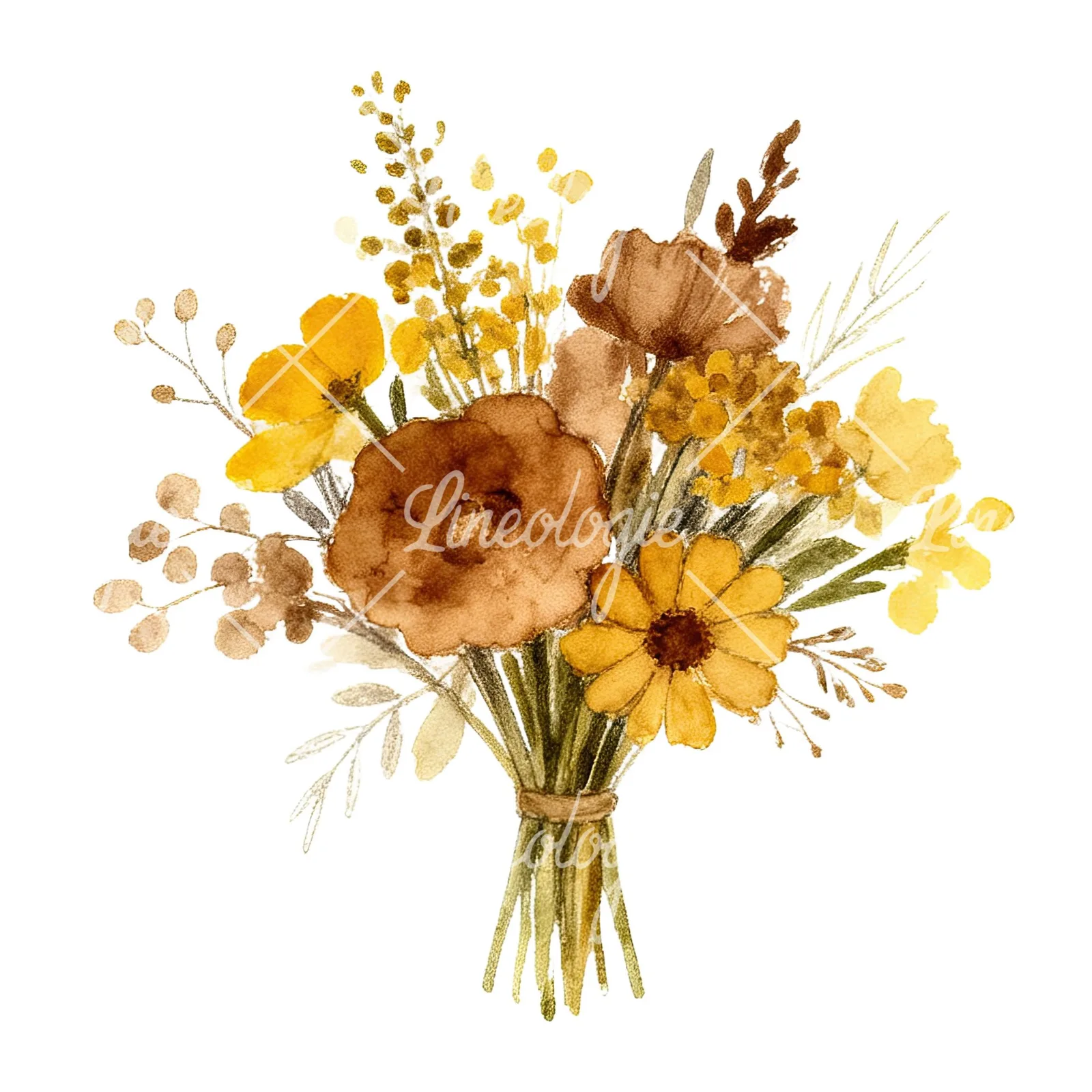 Watercolor mustard yellow and brown wedding bouquet clipart 9 of 12 on a white background (JPG)