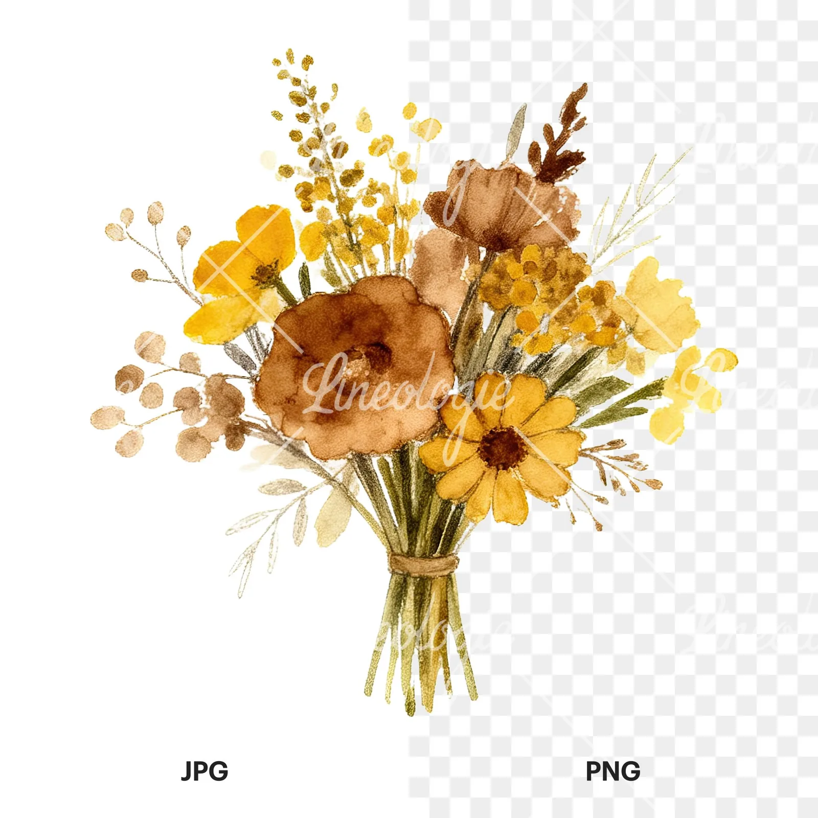 Watercolor mustard yellow and brown wedding bouquet clipart 9 of 12, as a JPG on white and a transparent PNG