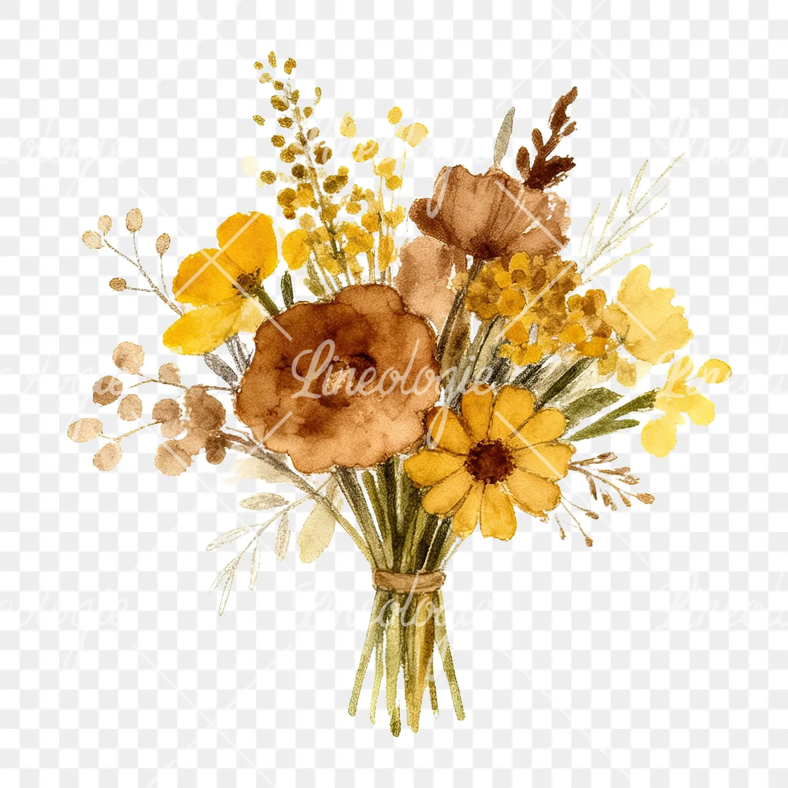 Watercolor mustard yellow and brown wedding bouquet clipart 9 of 12 on a transparent background (PNG)
