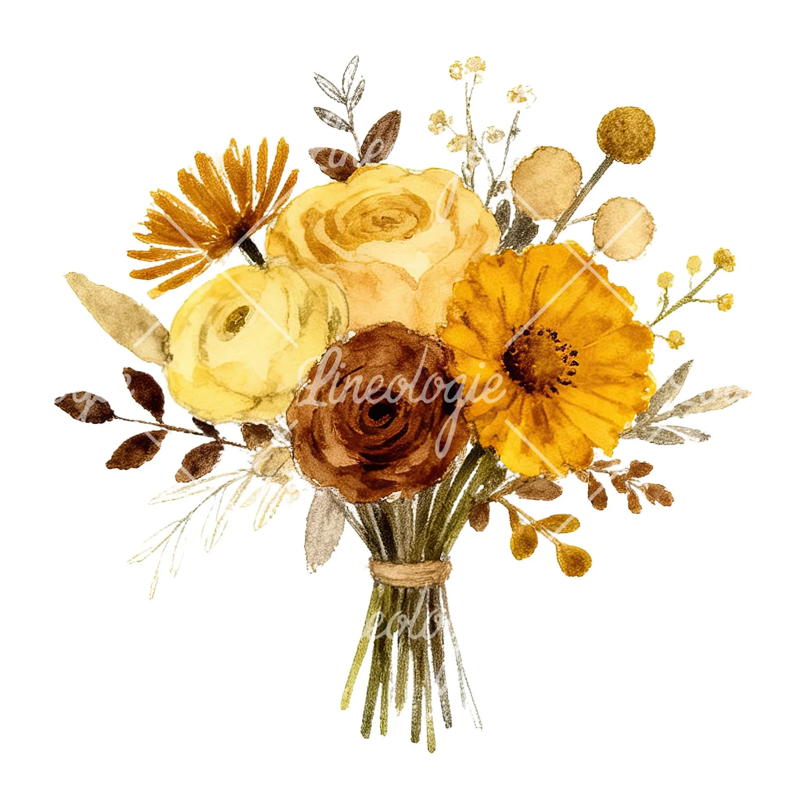 Watercolor mustard yellow and brown wedding bouquet clipart 10 of 12 on a white background (JPG)