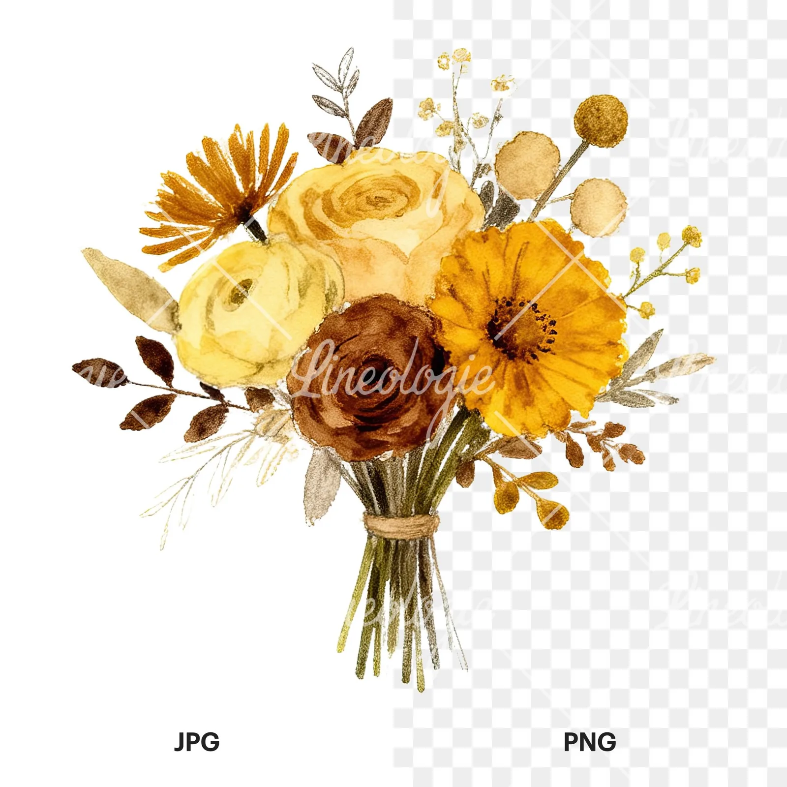 Watercolor mustard yellow and brown wedding bouquet clipart 10 of 12, as a JPG on white and a transparent PNG