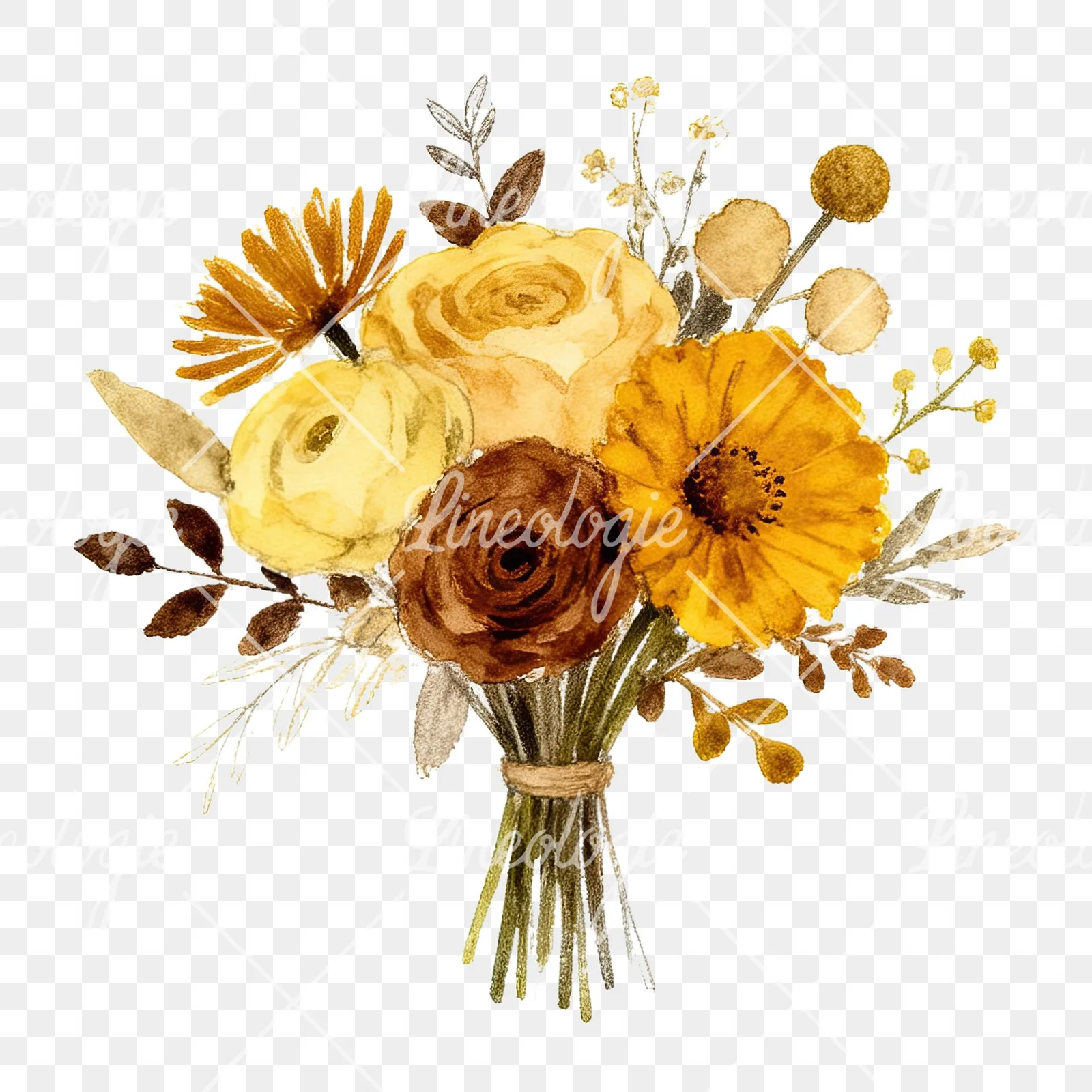Watercolor mustard yellow and brown wedding bouquet clipart 10 of 12 on a transparent background (PNG)