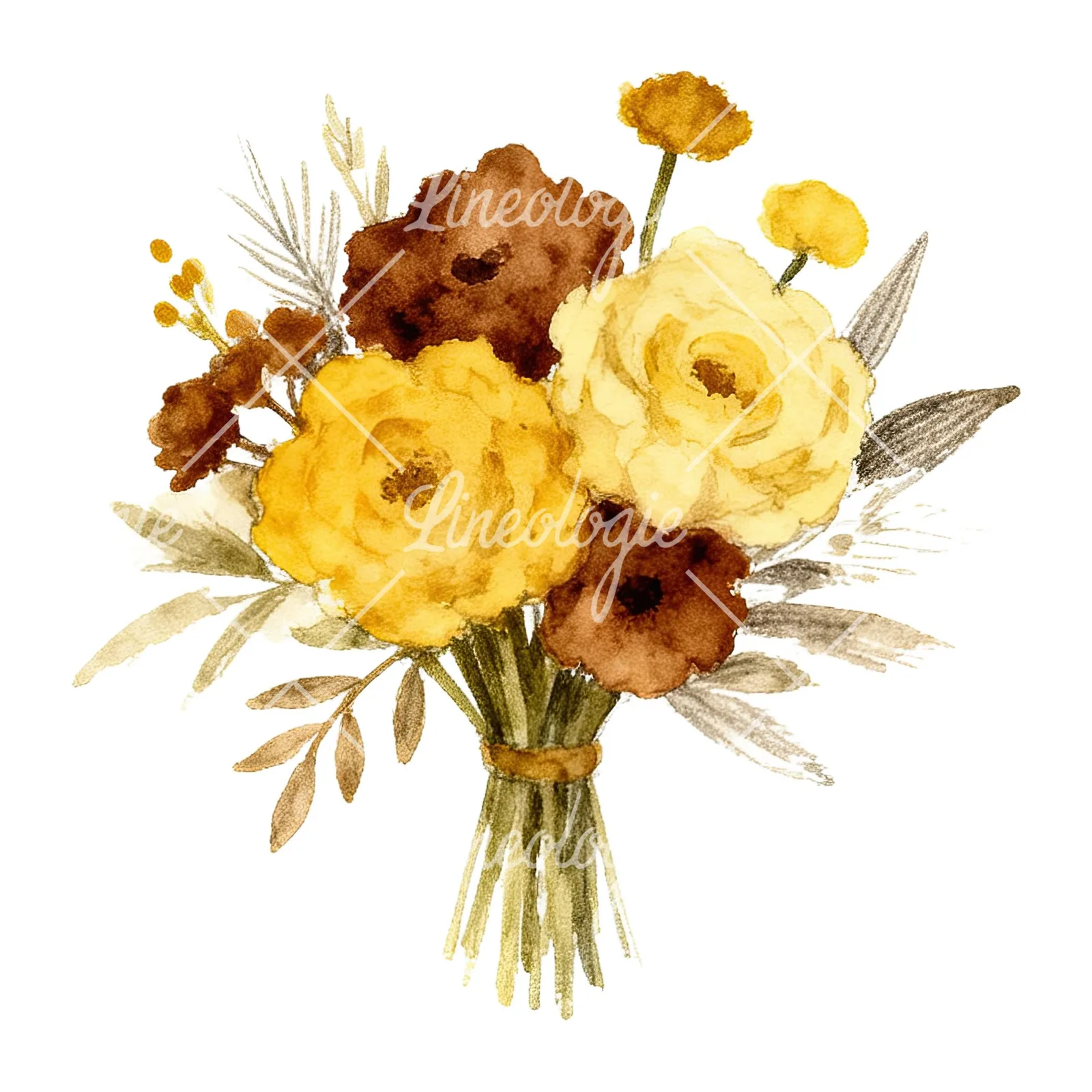 Watercolor mustard yellow and brown wedding bouquet clipart 11 of 12 on a white background (JPG)