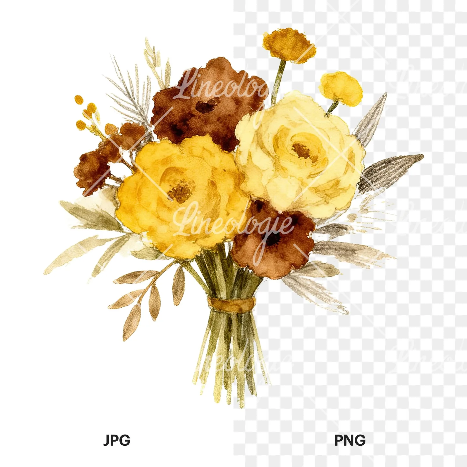 Watercolor mustard yellow and brown wedding bouquet clipart 11 of 12, as a JPG on white and a transparent PNG