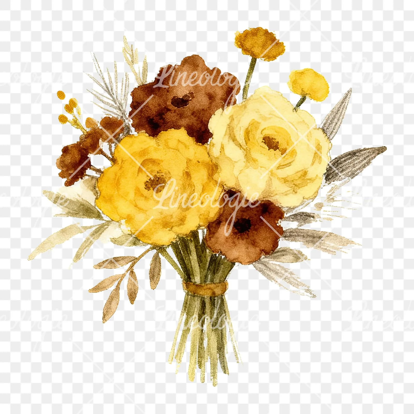 Watercolor mustard yellow and brown wedding bouquet clipart 11 of 12 on a transparent background (PNG)