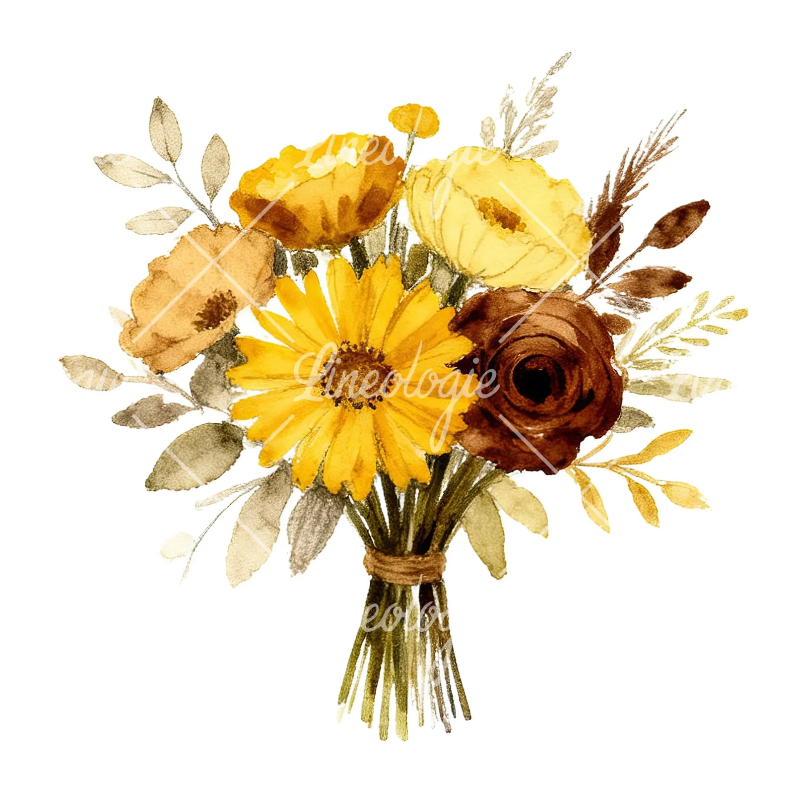 Watercolor mustard yellow and brown wedding bouquet clipart 12 of 12 on a white background (JPG)