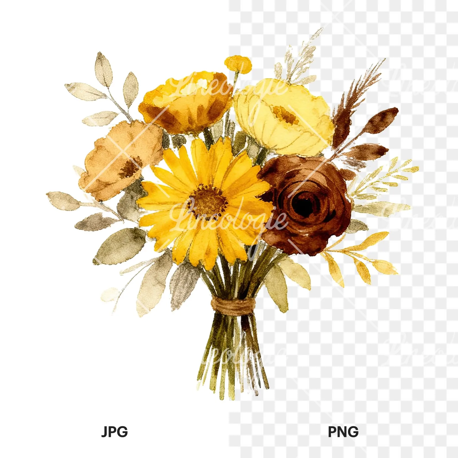 Watercolor mustard yellow and brown wedding bouquet clipart 12 of 12, as a JPG on white and a transparent PNG