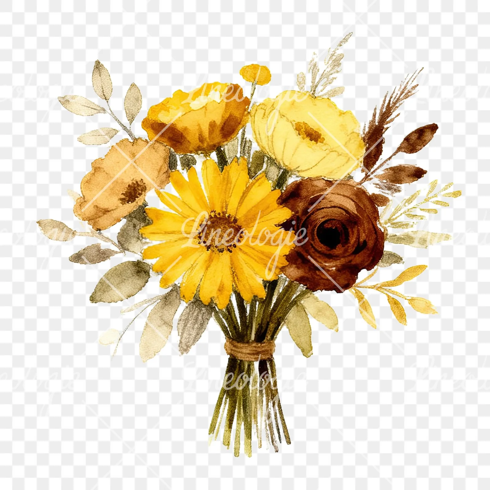 Watercolor mustard yellow and brown wedding bouquet clipart 12 of 12 on a transparent background (PNG)
